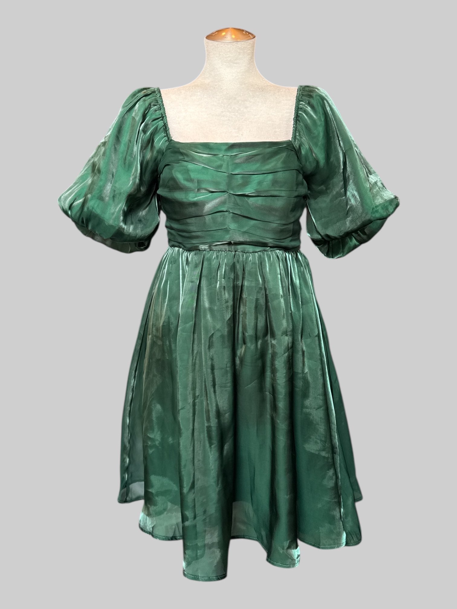 M Green dress with balloon sleeves and shirred back