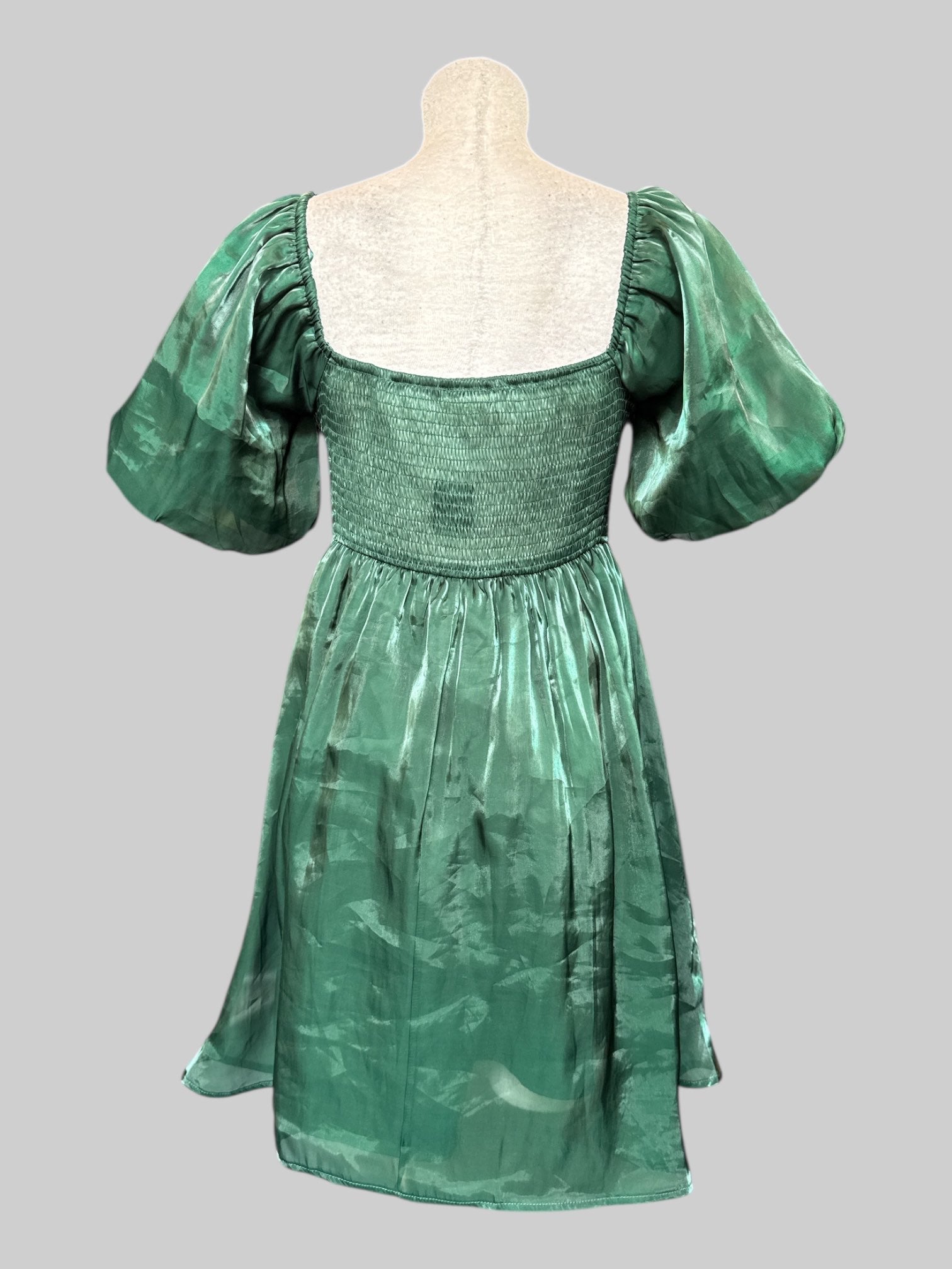 M Green dress with balloon sleeves and shirred back