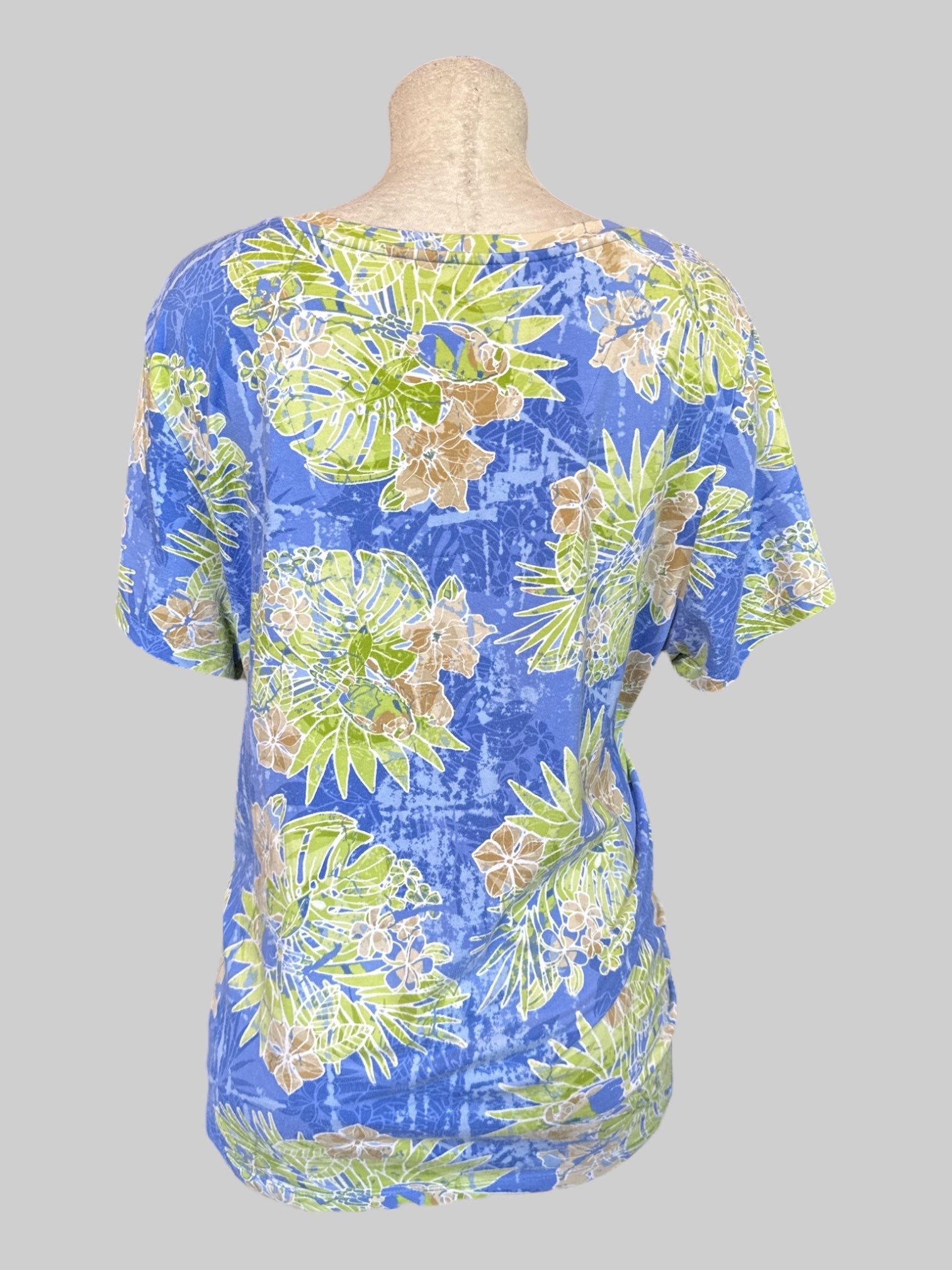 2X blue top with green and tan botanicals and ties on side