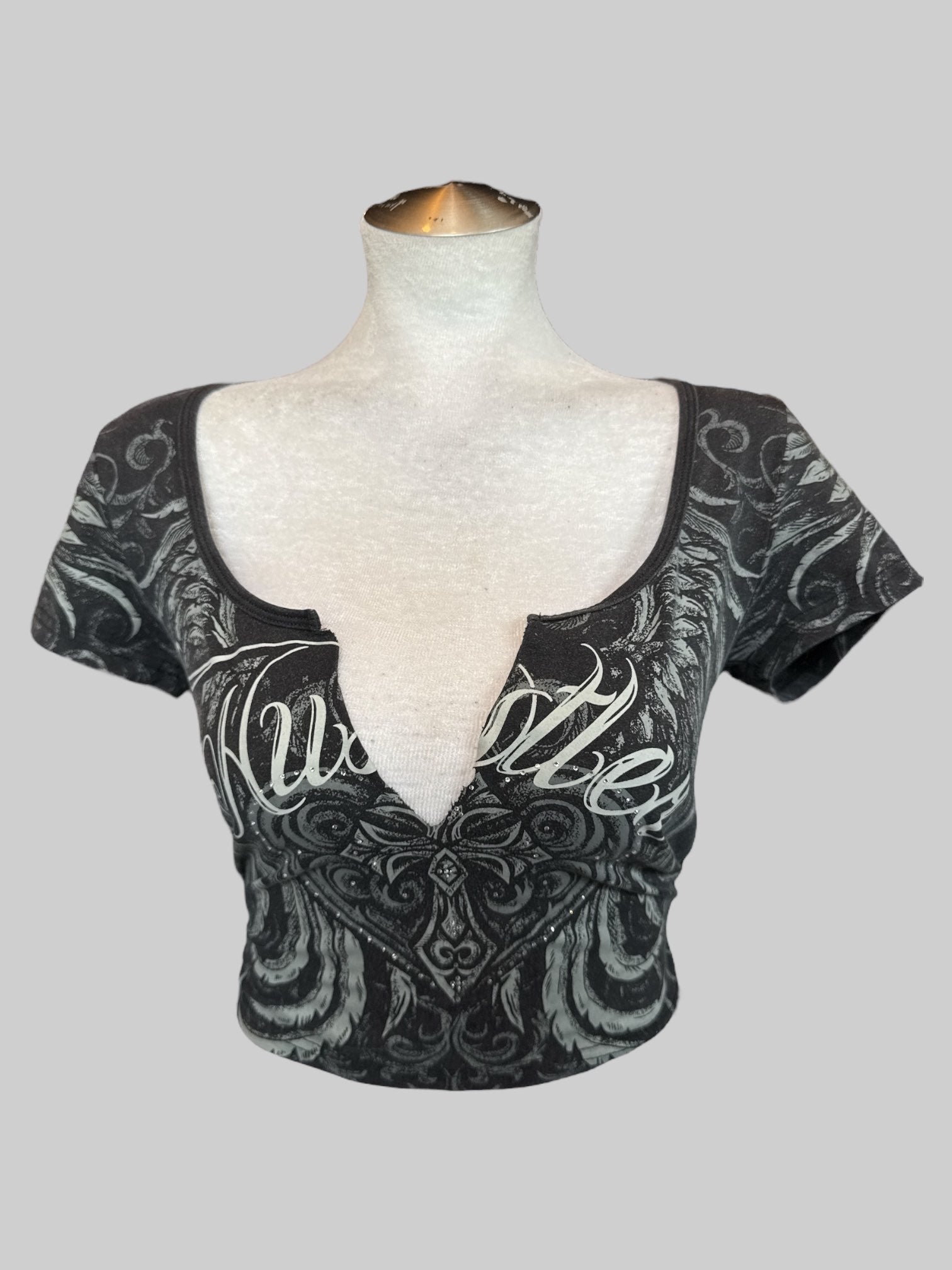 0X black and gray 2 piece “Hustler” set with rhinestones and faux whale tail
