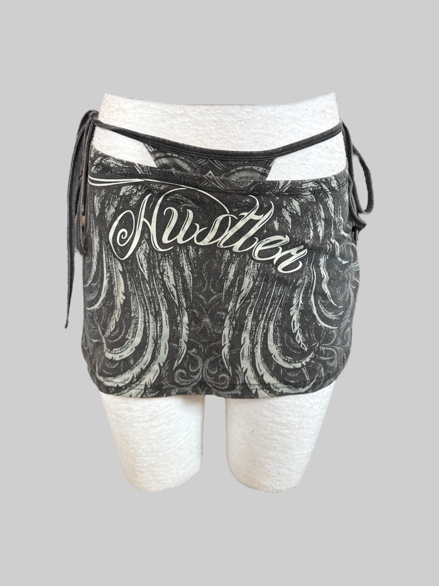 0X black and gray 2 piece “Hustler” set with rhinestones and faux whale tail