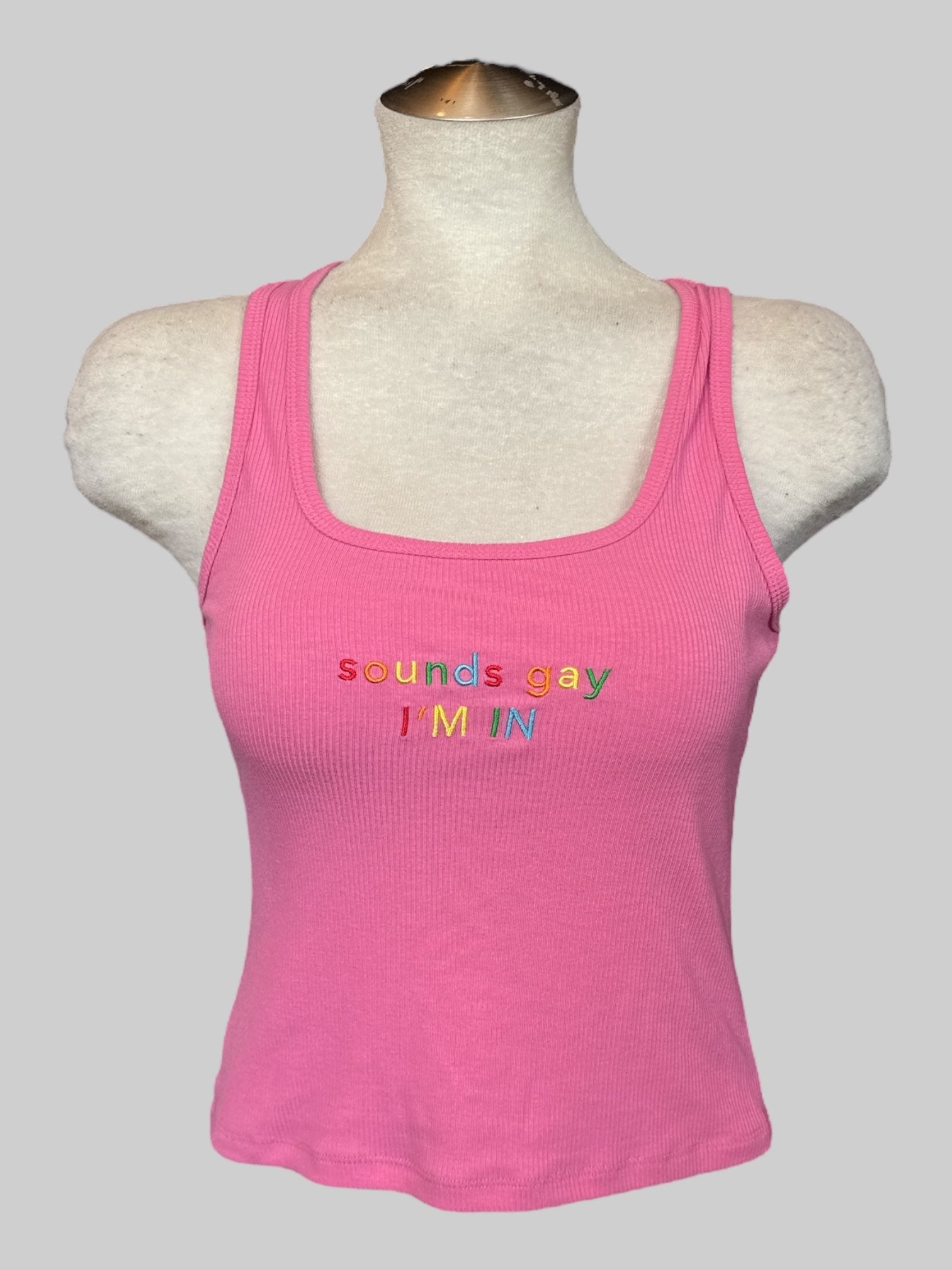 L pink ribbed “Sounds gay I’m in” rainbow embroidery