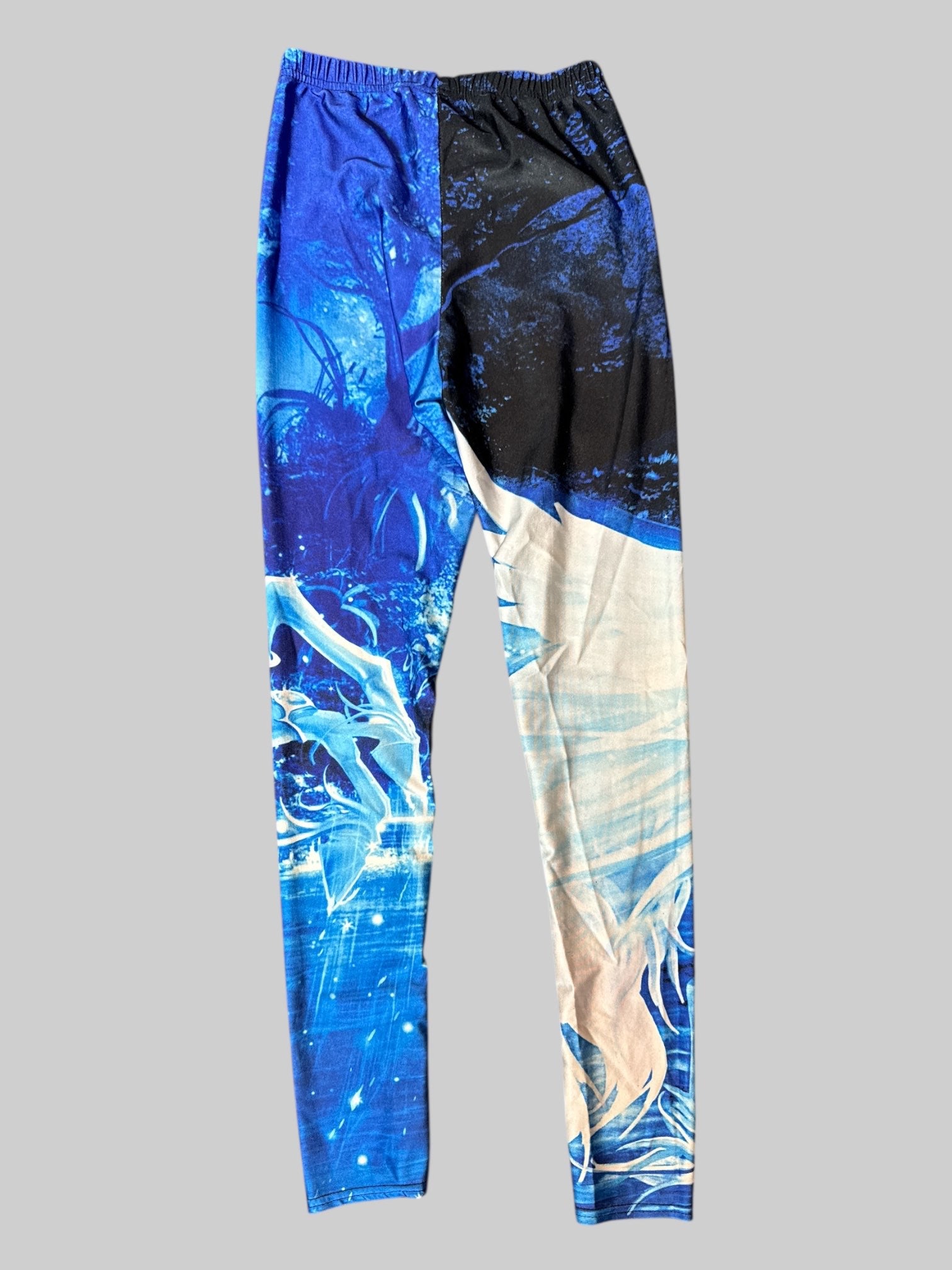 S blue, black, and white unicorn leggings