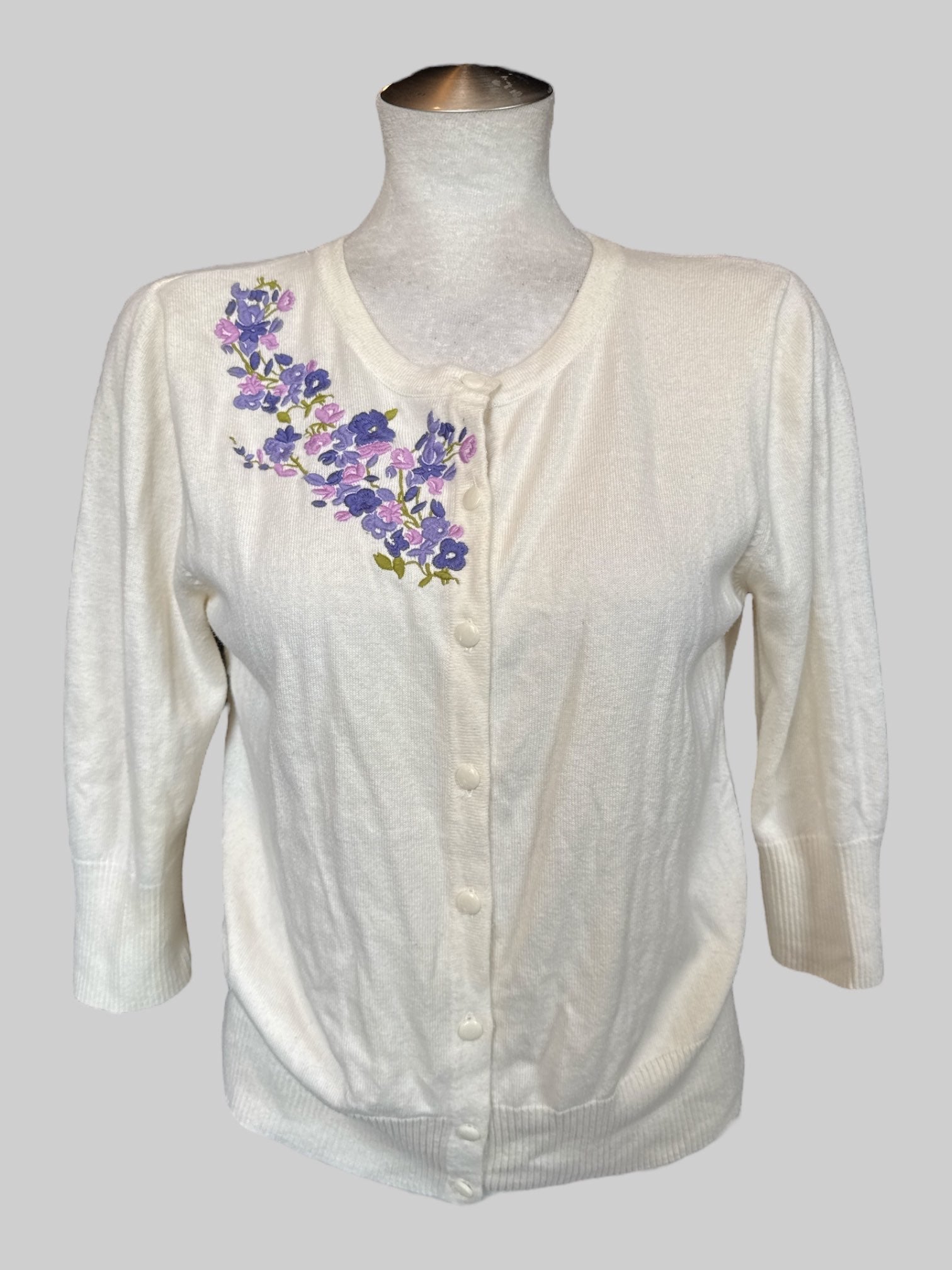 M cream cardigan with pink and purple floral embroidery and 3/4 sleeves