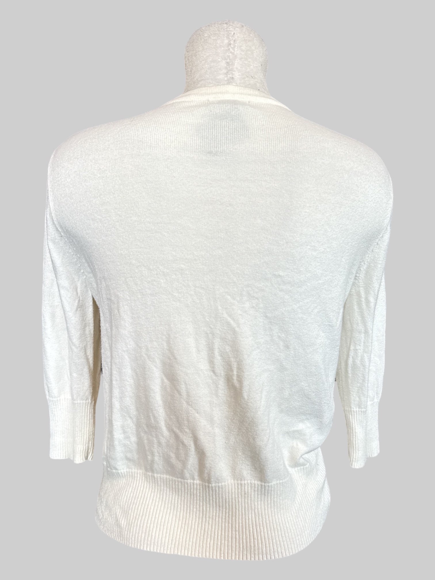 M cream cardigan with pink and purple floral embroidery and 3/4 sleeves