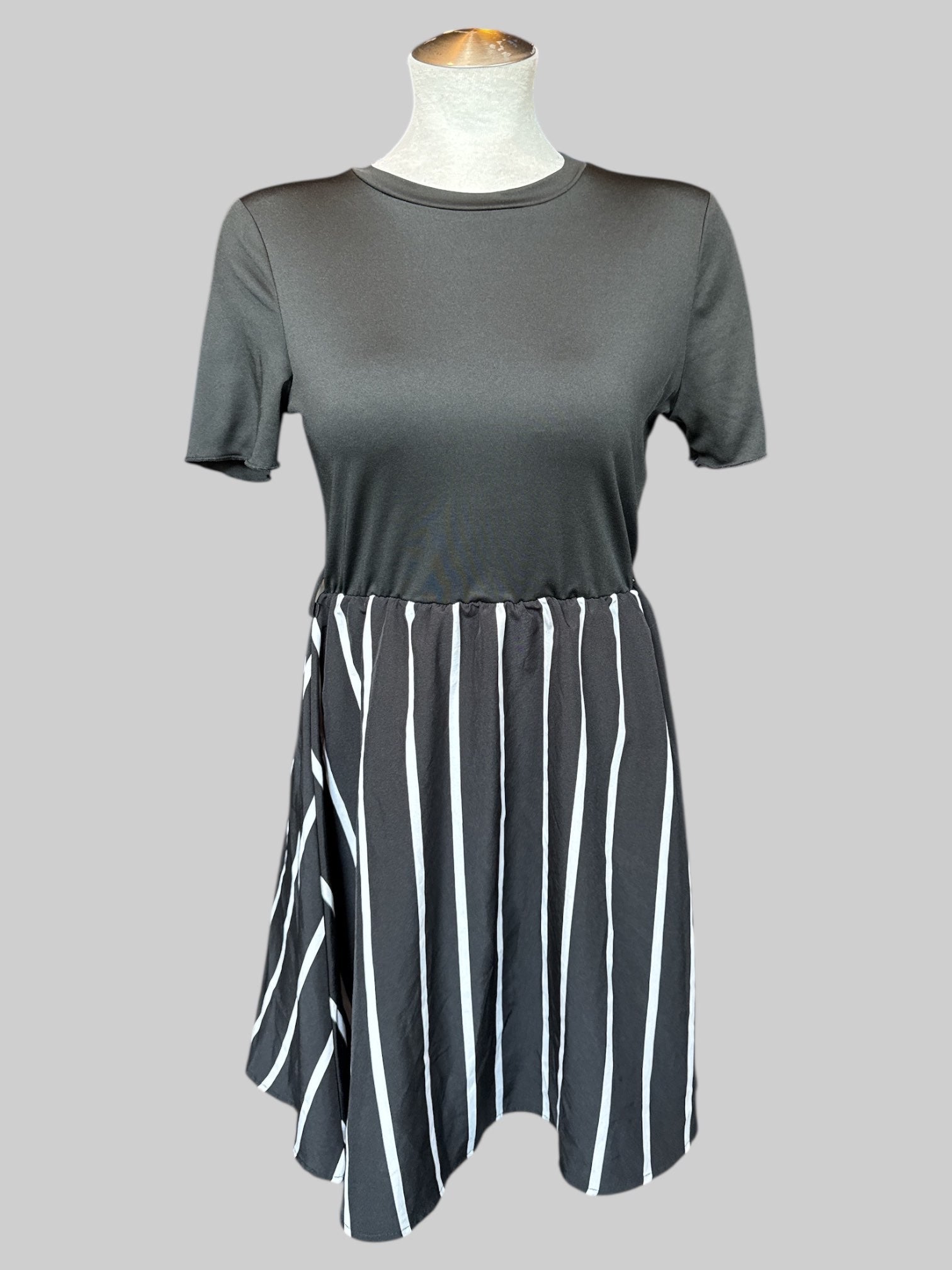 L black fit and flare dress with striped bottom