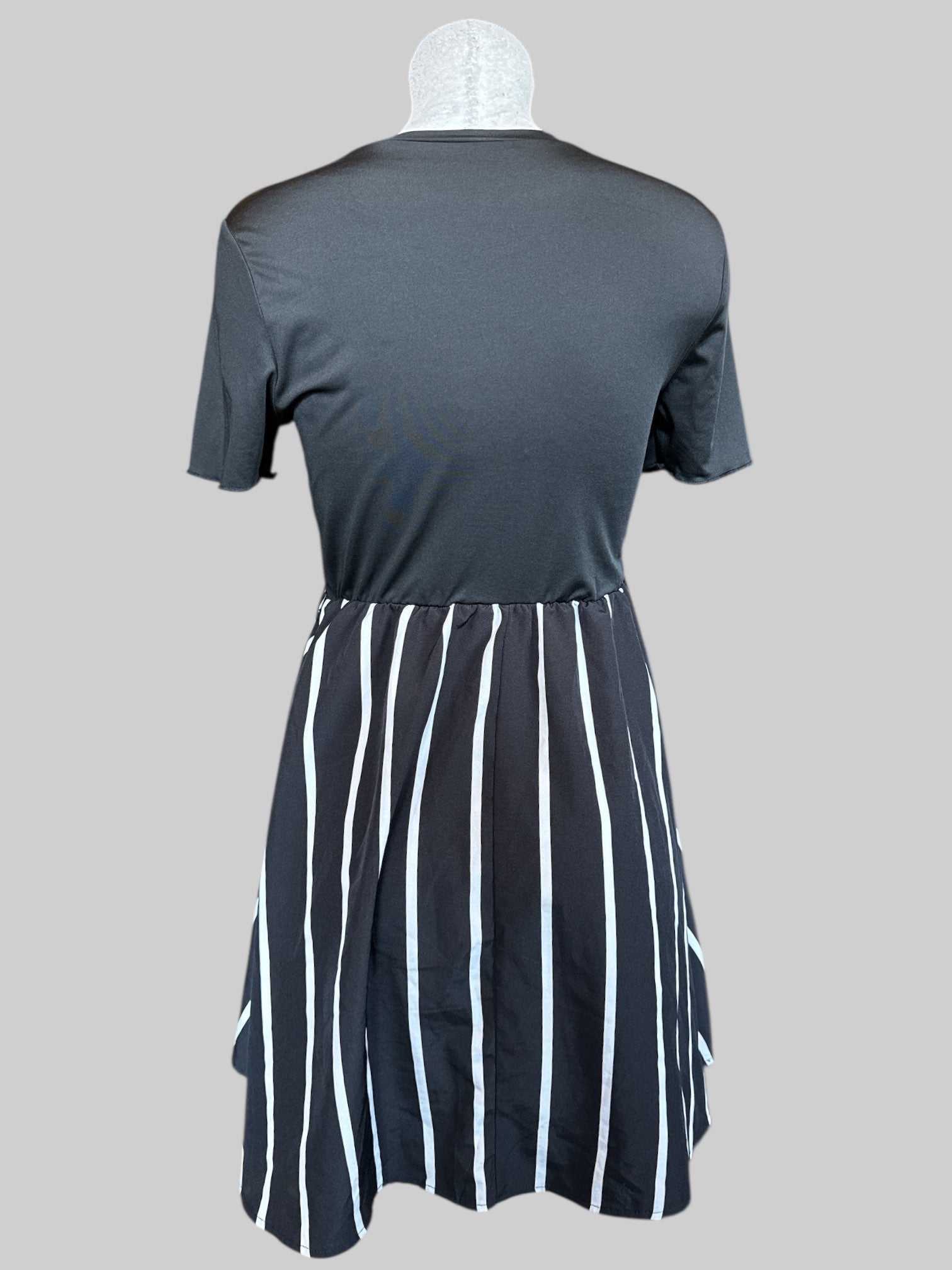 L black fit and flare dress with striped bottom