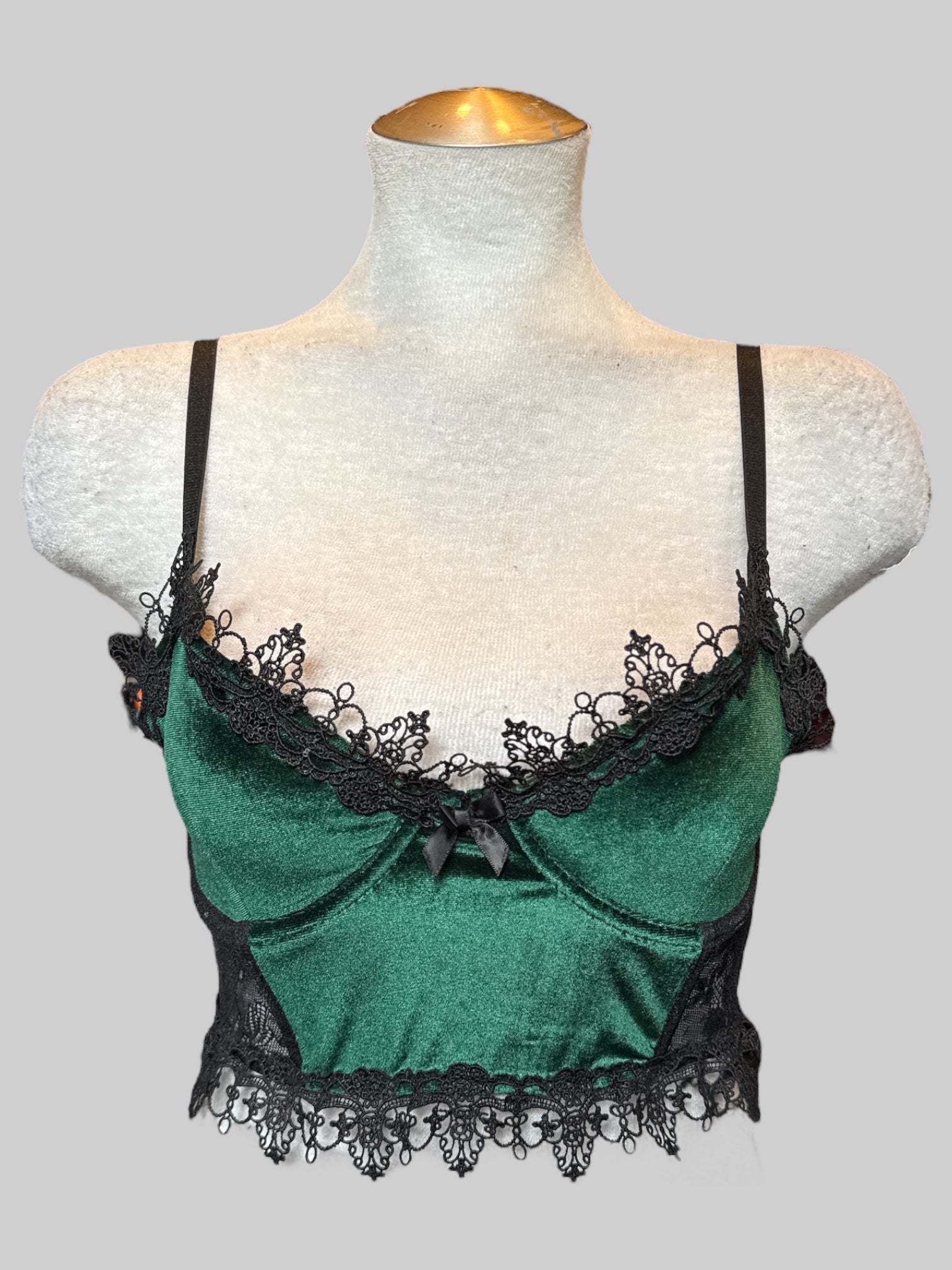 S green velvet bustier top with black lace
