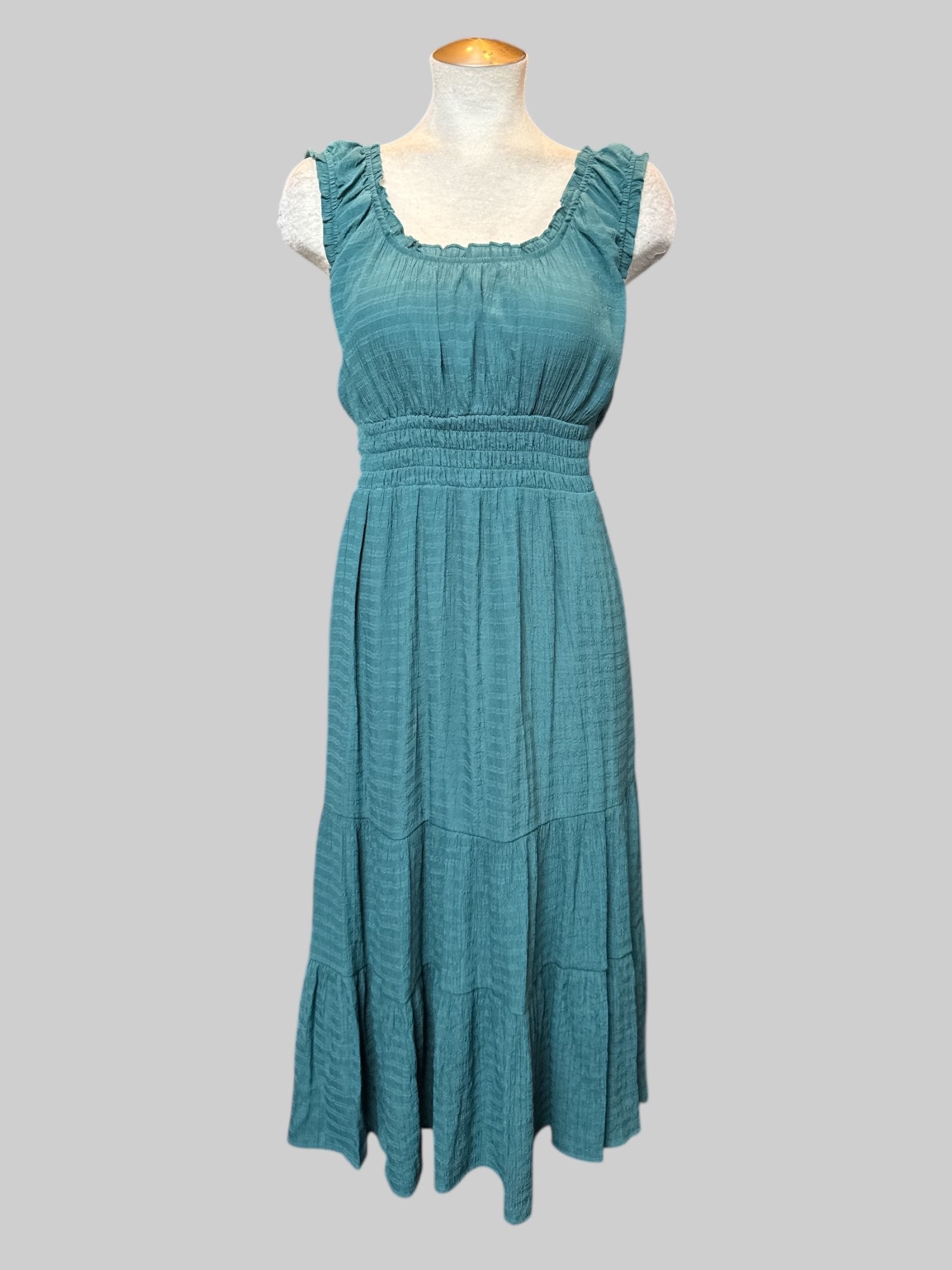 2X flowy teal tiered maxi dress with shirred waist
