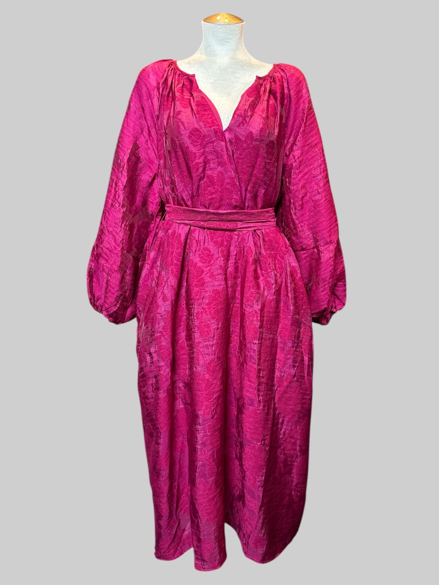 2X Burgundy maxi dress with textured florals, peasant sleeves, and tie