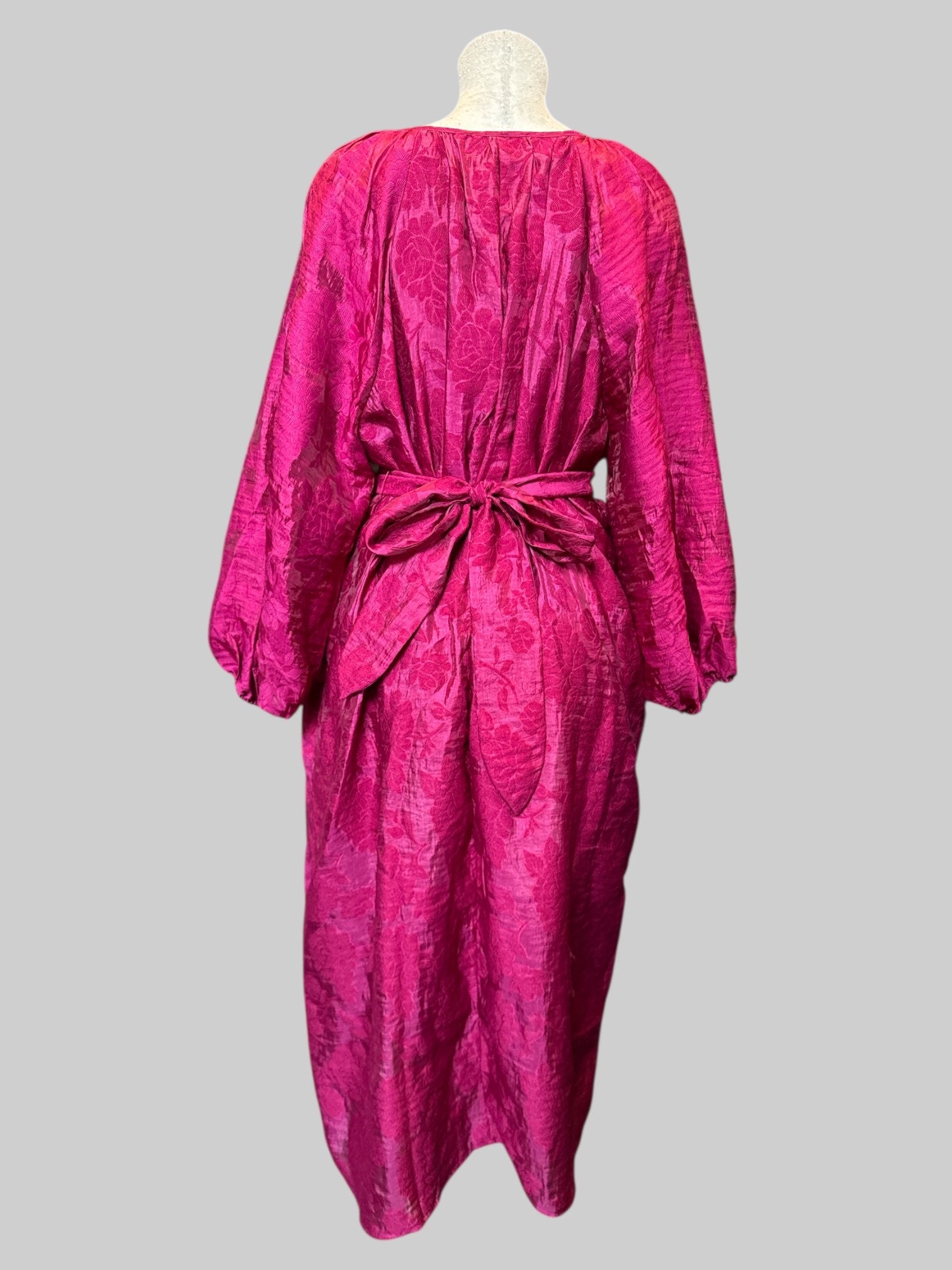 2X Burgundy maxi dress with textured florals, peasant sleeves, and tie