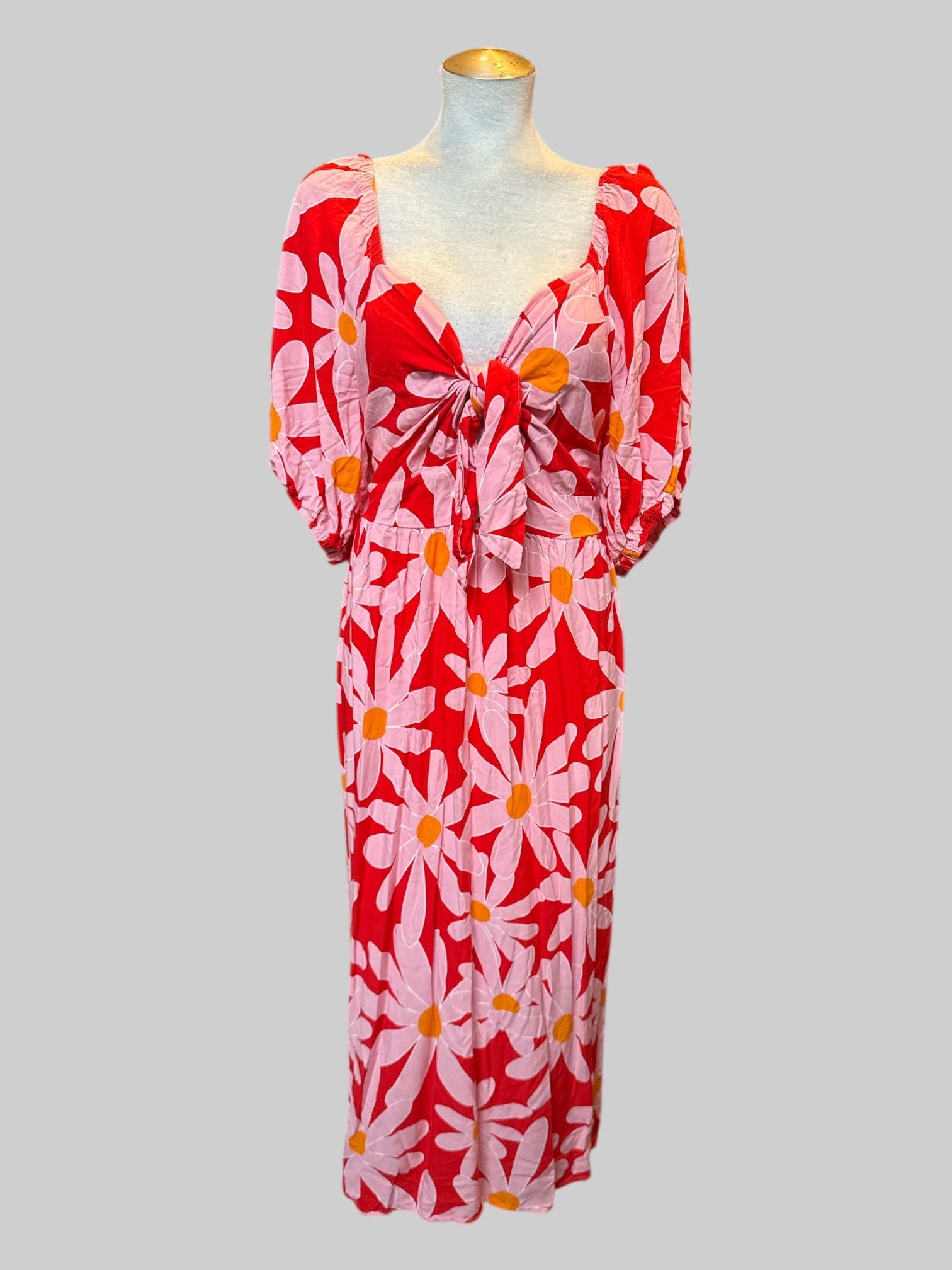 2X Flowy red maxi dress with pink and orange florals