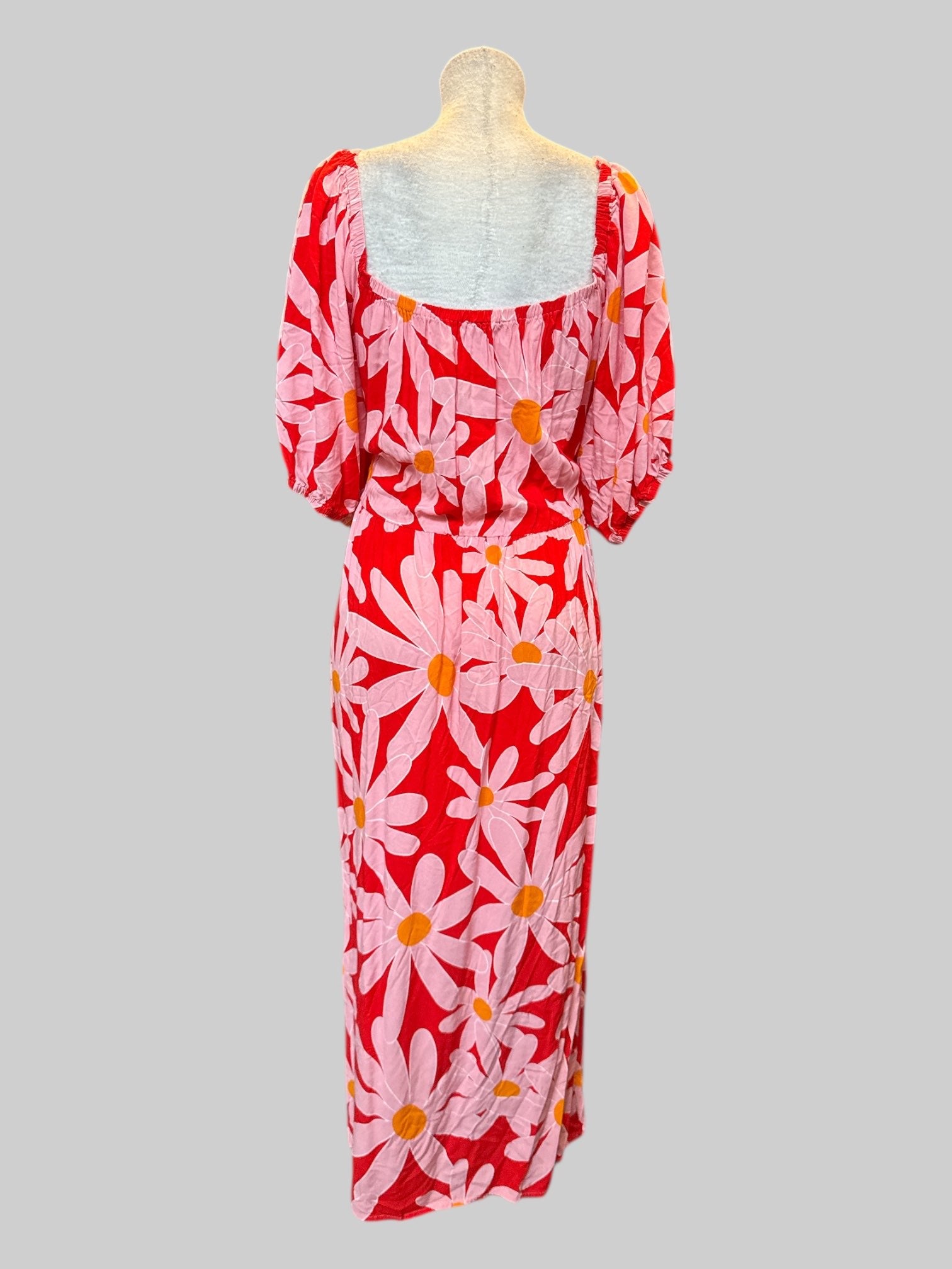 2X Flowy red maxi dress with pink and orange florals