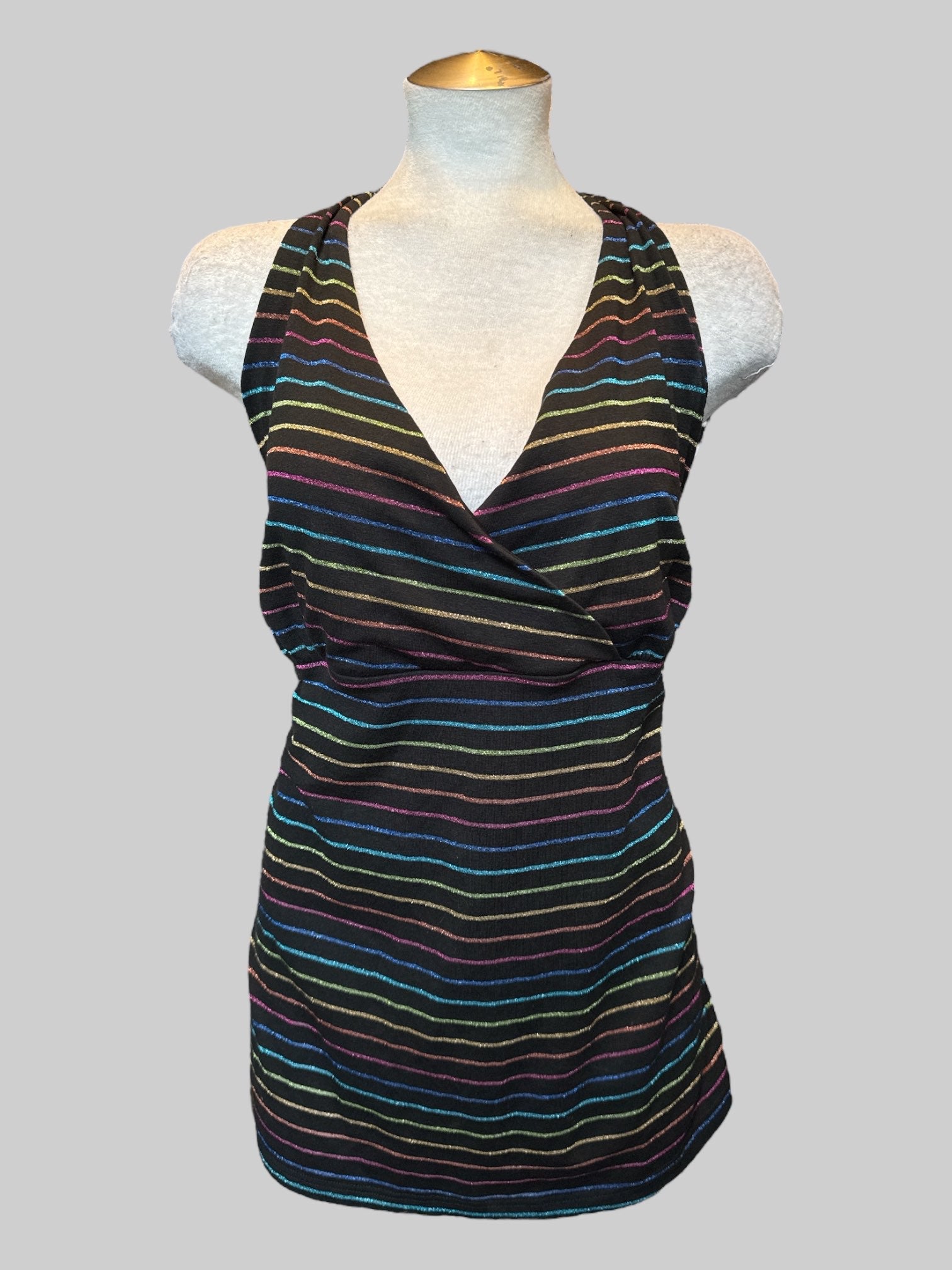 4X Vintage torrid black halter tie top with rainbow glitter stripes
