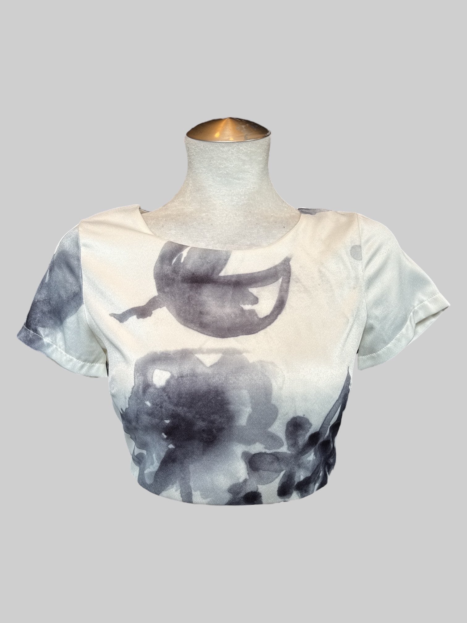 S White crop top with gray accents and back zipper