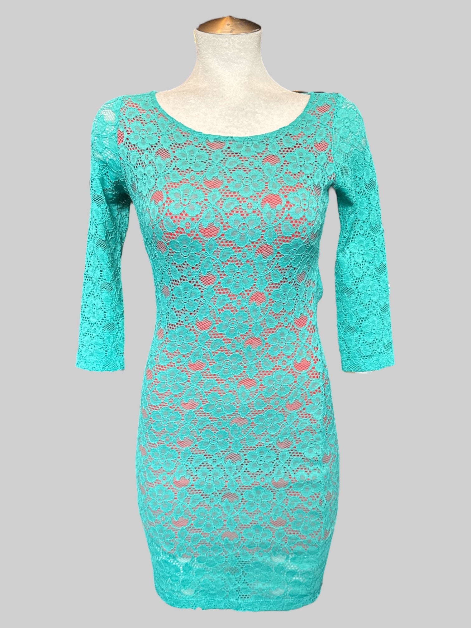 S Vintage coral dress with teal lace overlay