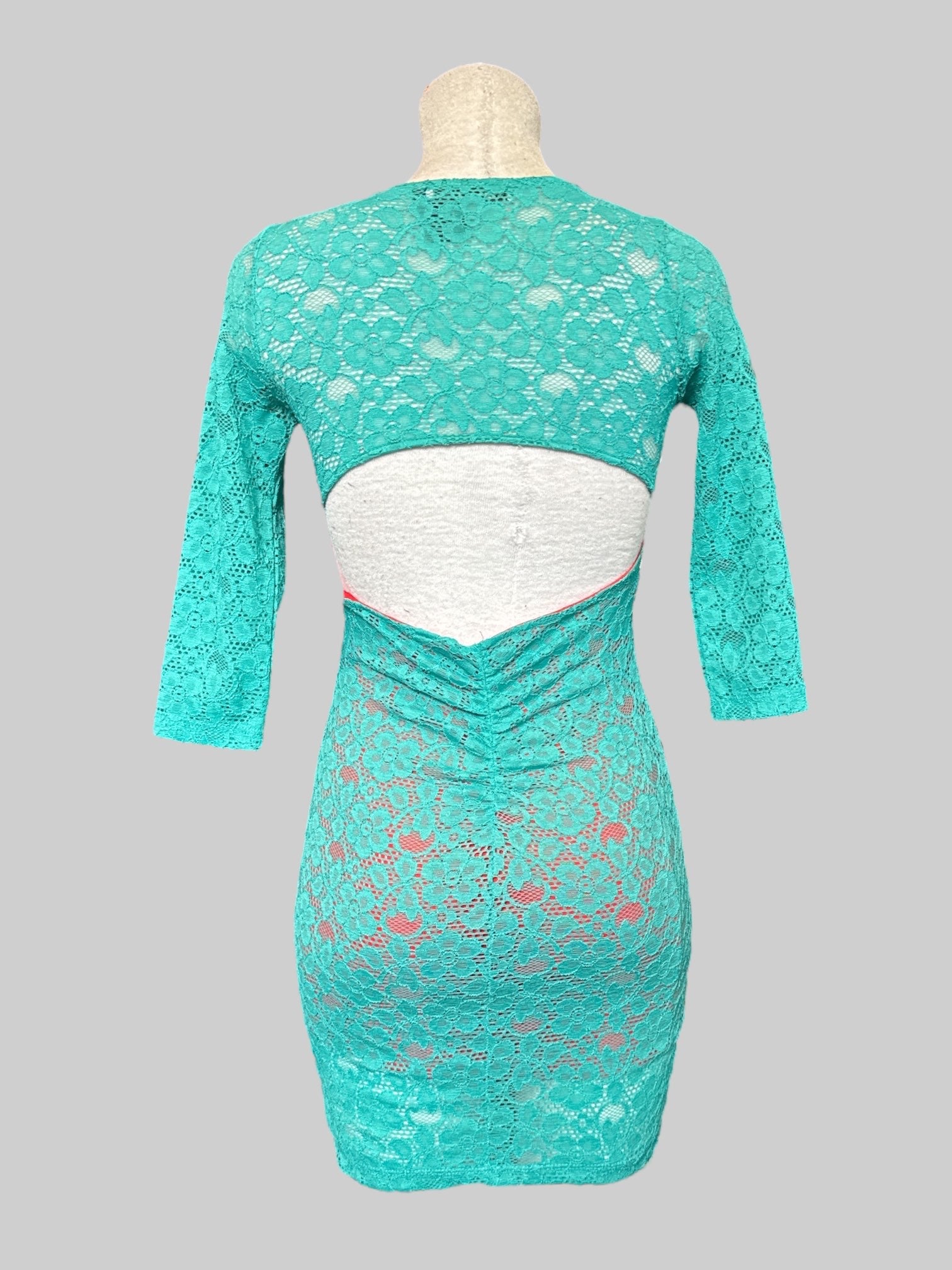 S Vintage coral dress with teal lace overlay