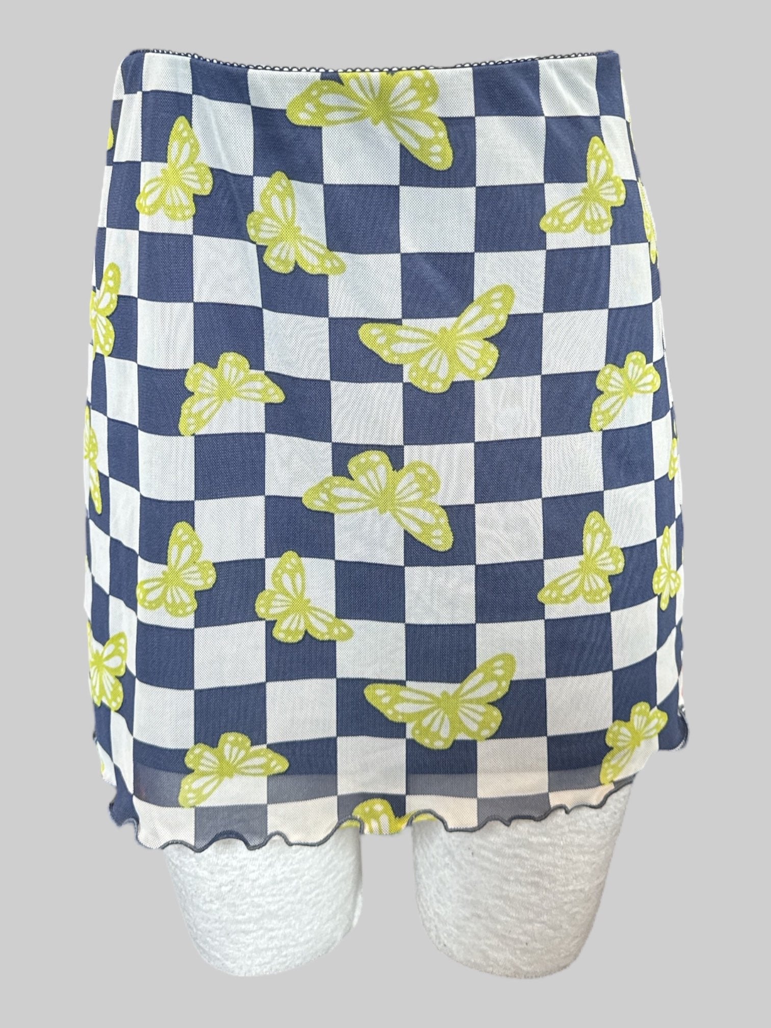S blue and white checkered short skirt with green butterflies and lettuce hem