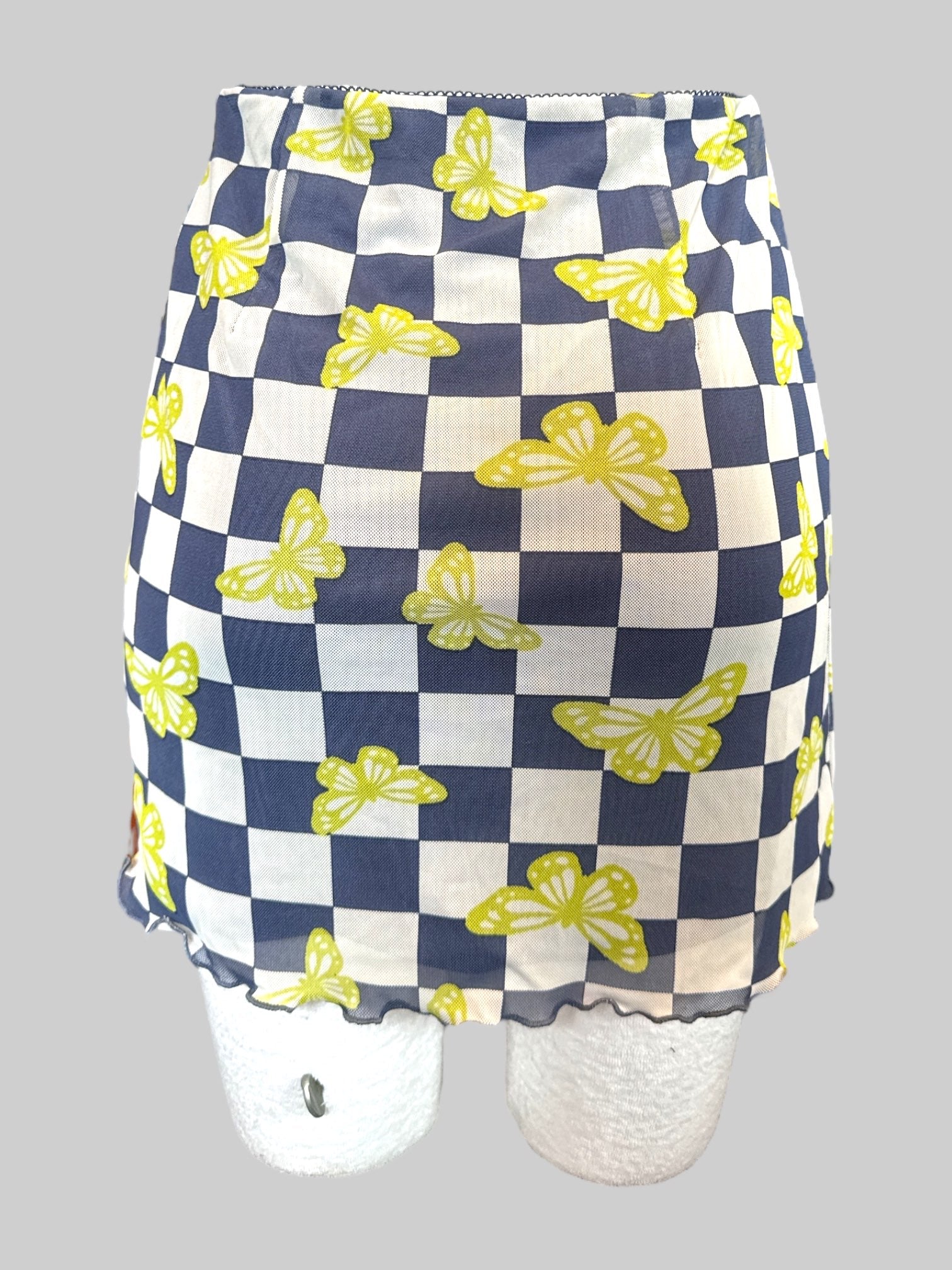 S blue and white checkered short skirt with green butterflies and lettuce hem
