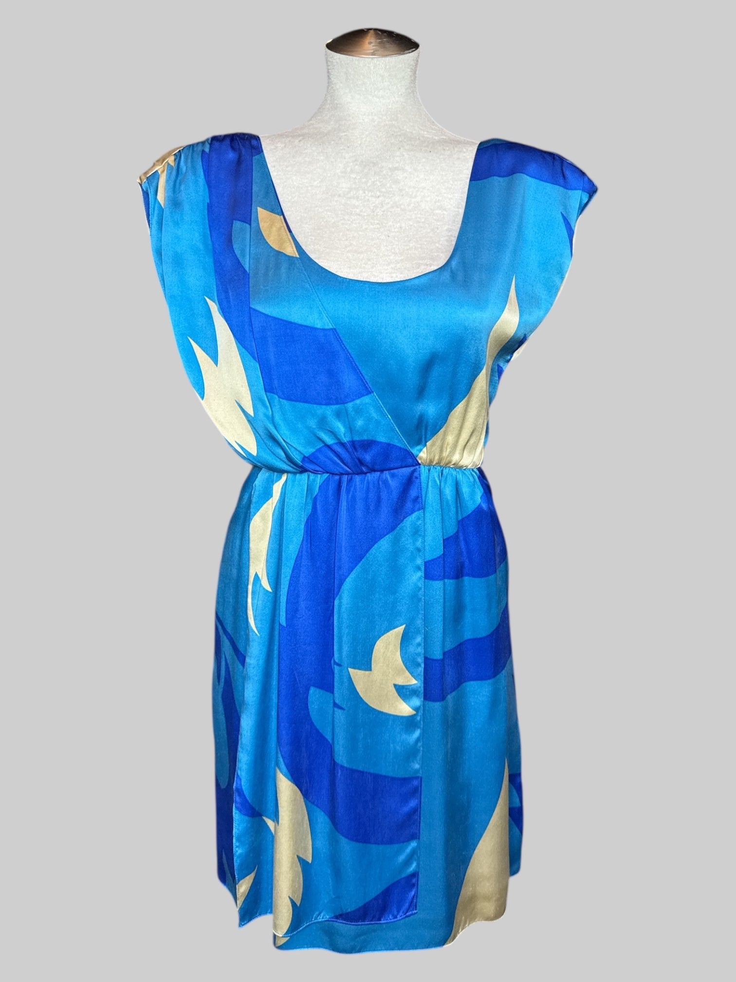 M blue and tan dress with zipper in back