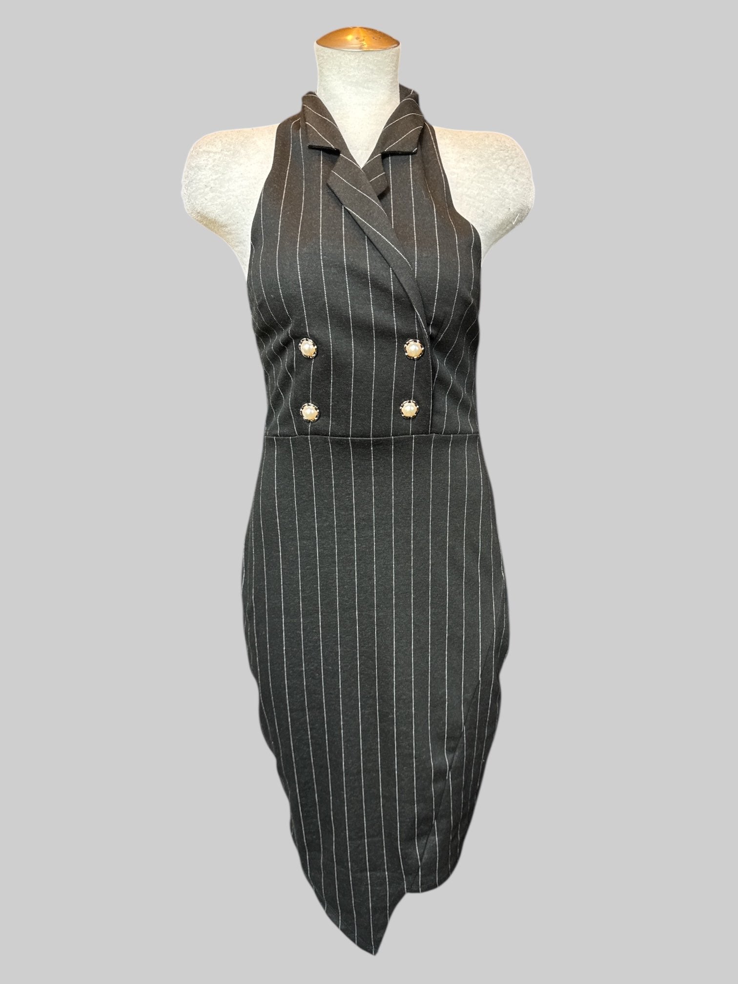 M black pinstriped halter dress with faux buttons