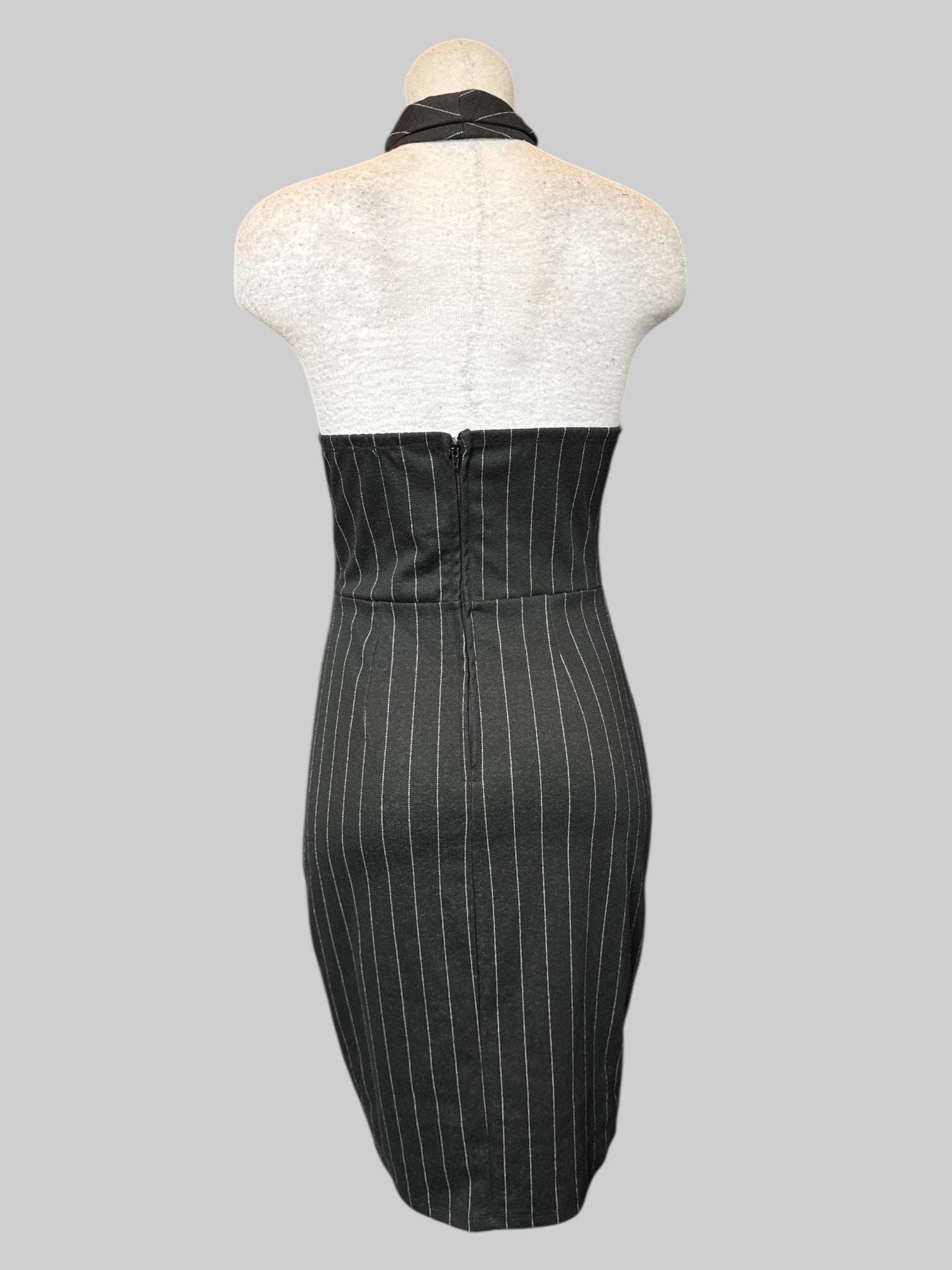 M black pinstriped halter dress with faux buttons