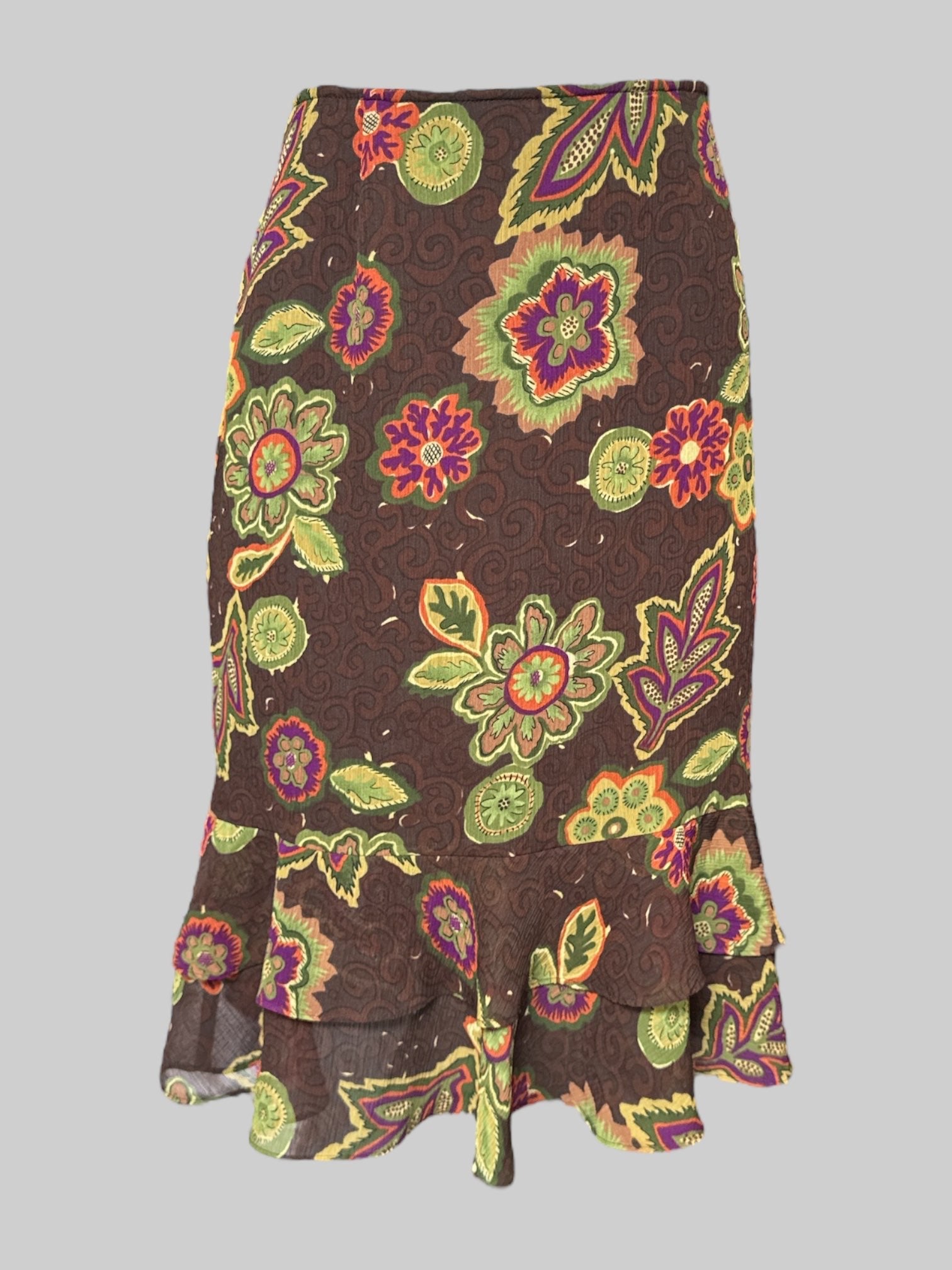 M Vintage  brown knee skirt with multicolor florals