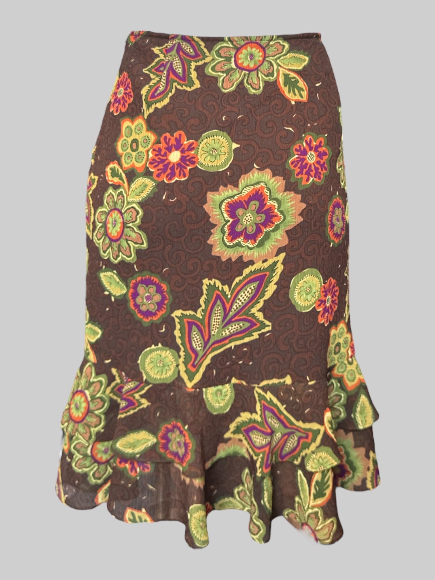 M Vintage  brown knee skirt with multicolor florals
