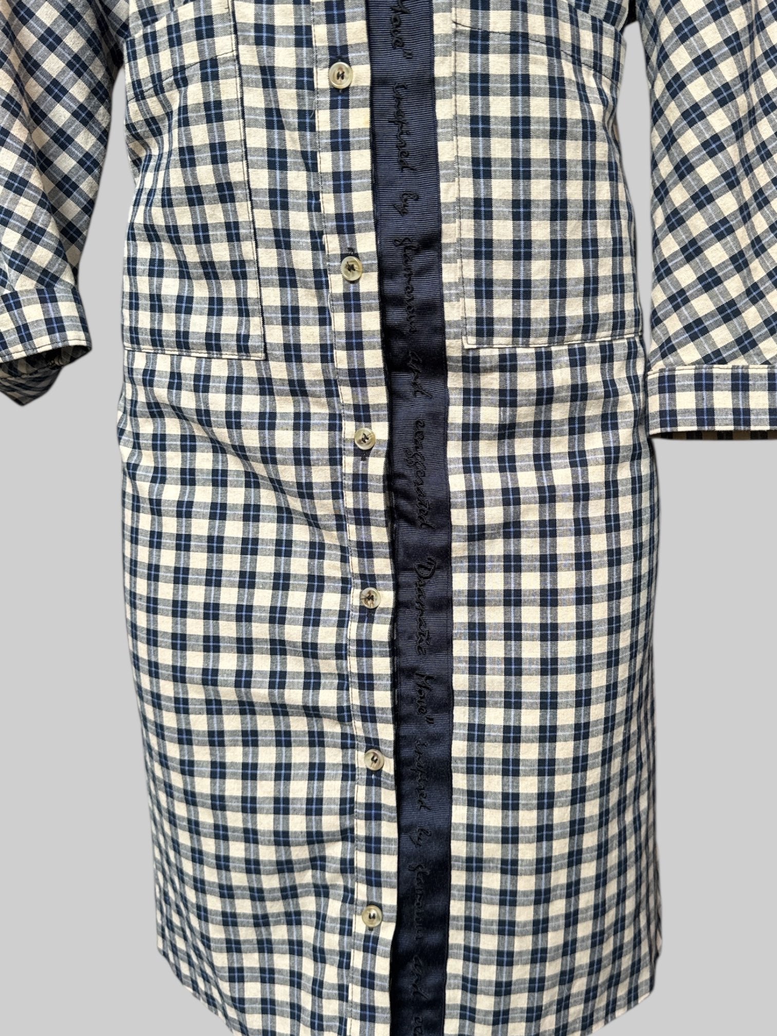 M blue and white plaid maxi jacket with embroidered words