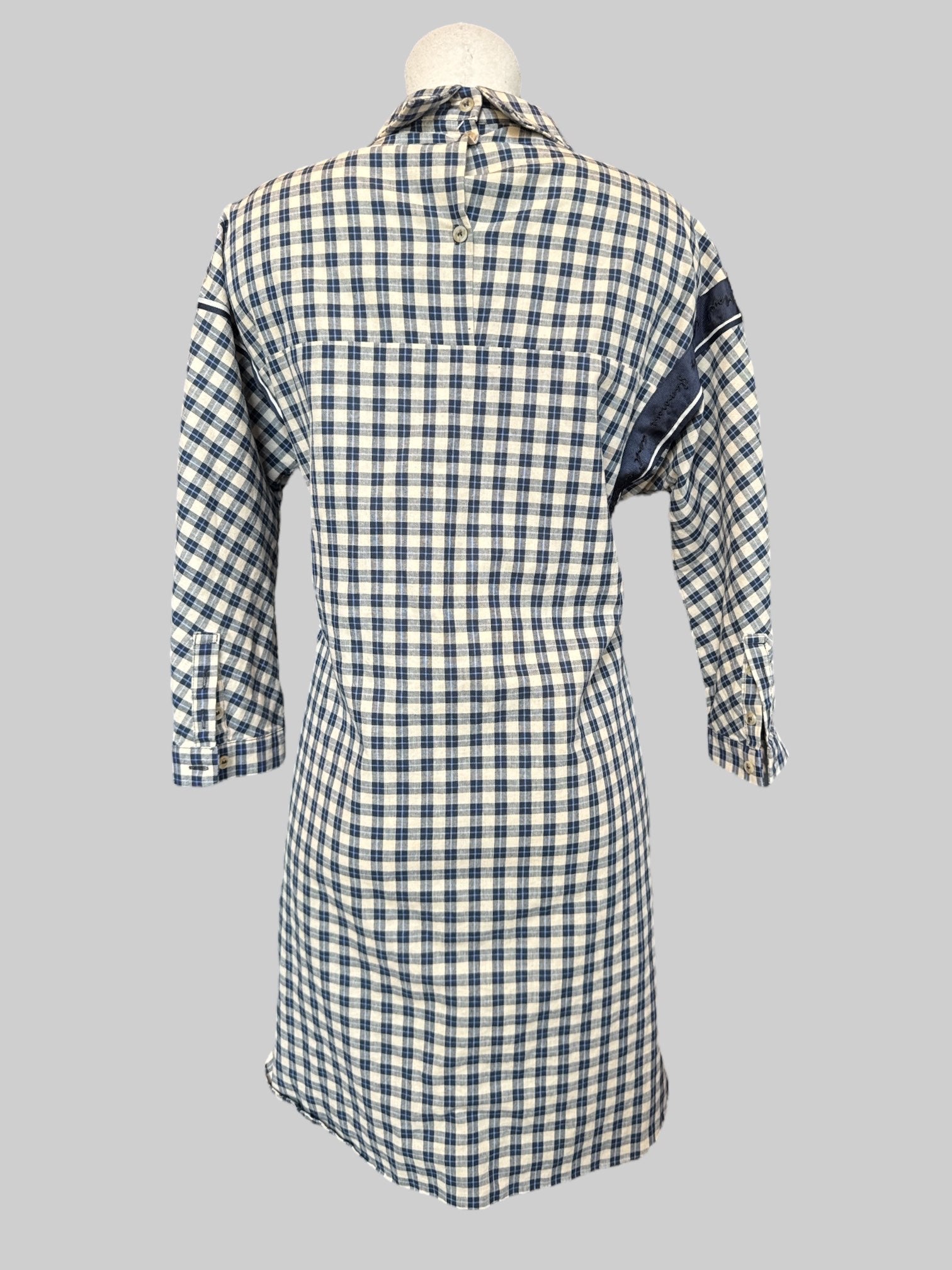 M blue and white plaid maxi jacket with embroidered words