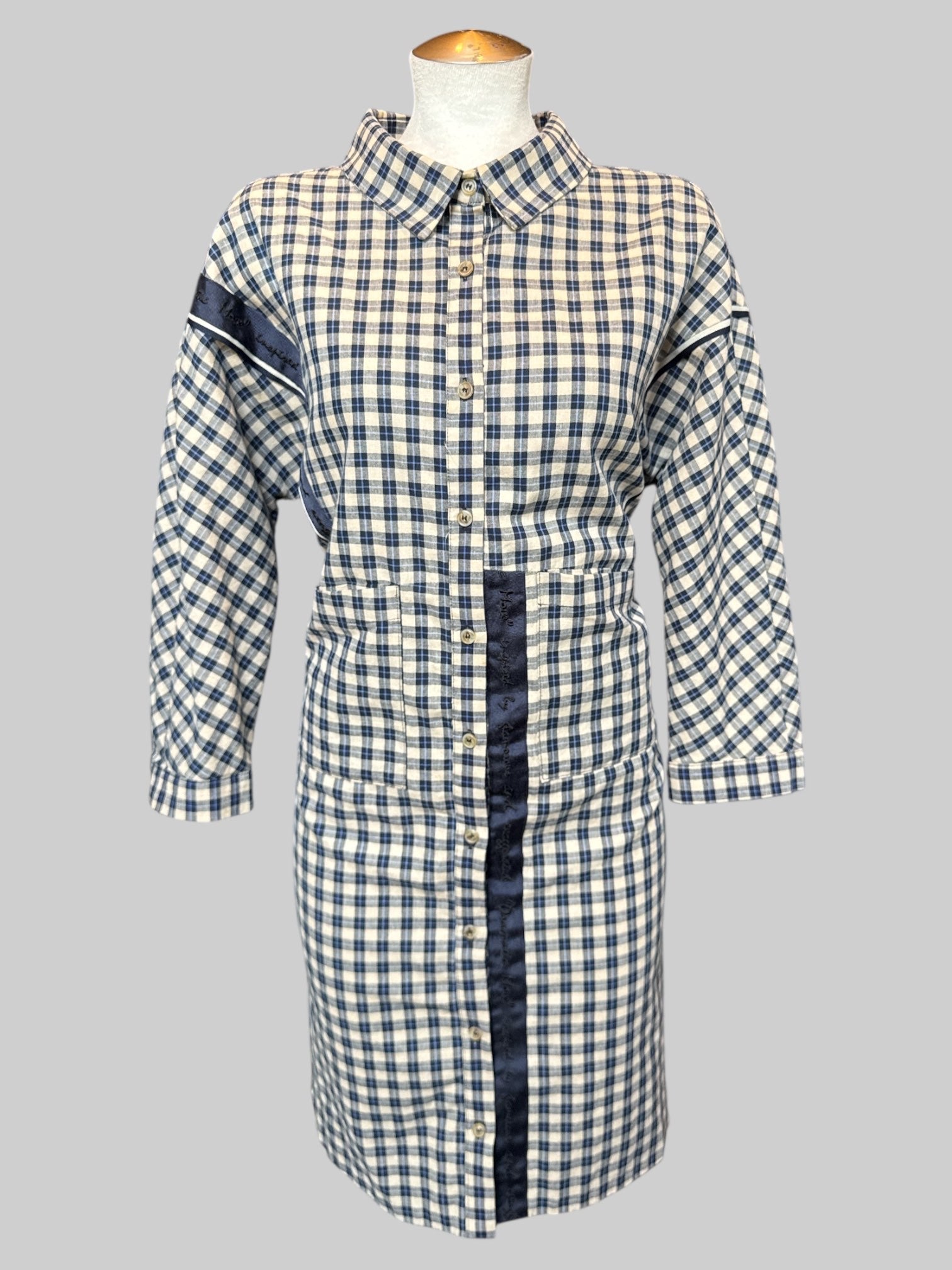 M blue and white plaid maxi jacket with embroidered words