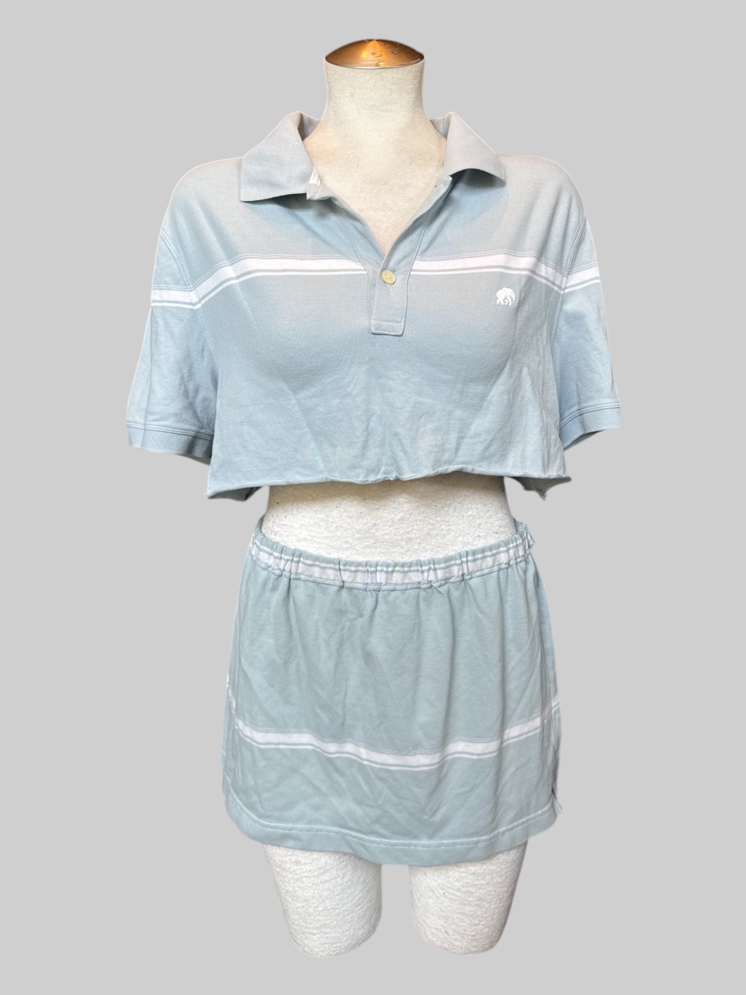 M light blue and white striped polo top and skirt handmade into a 2 piece set