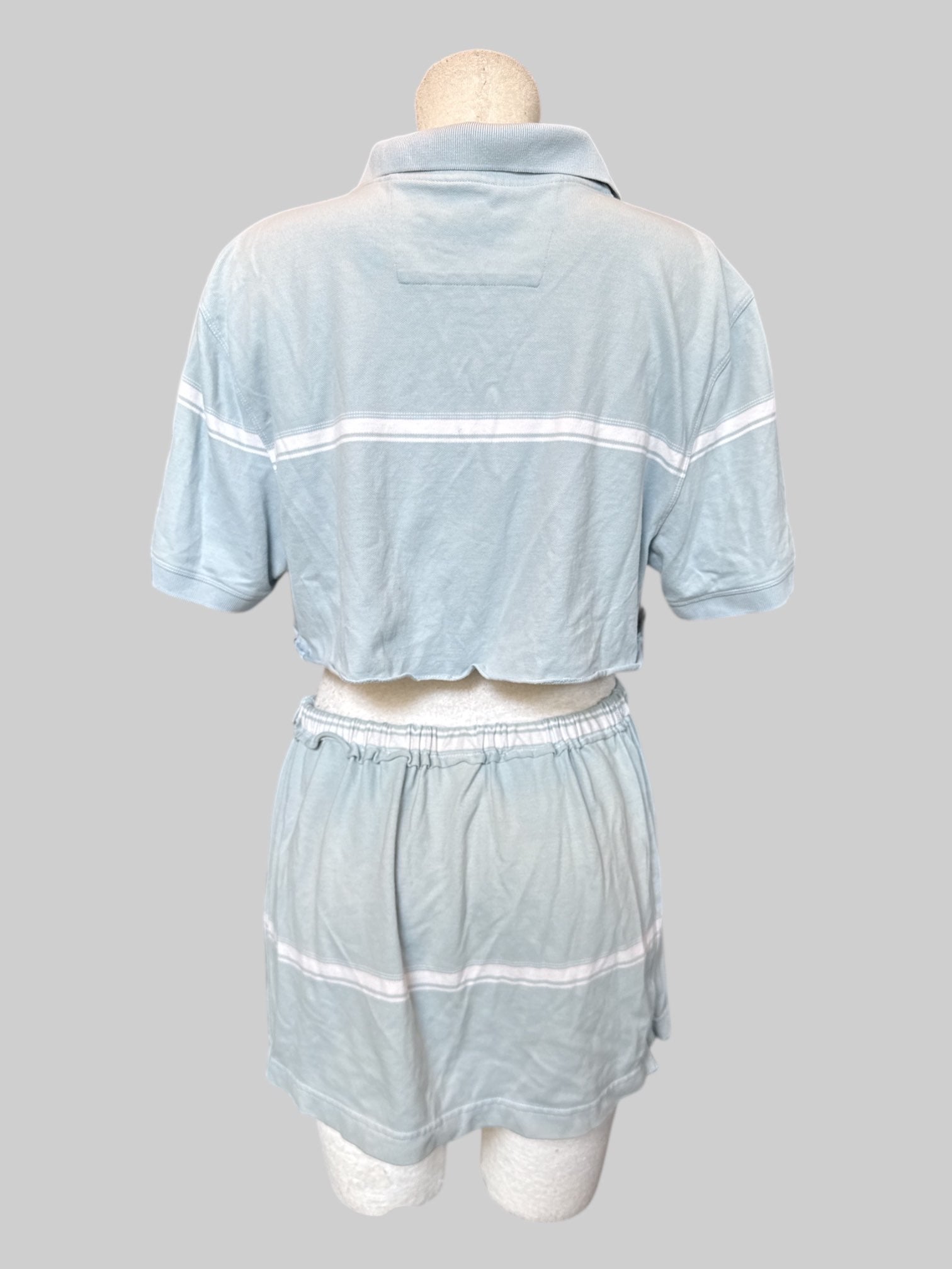 M light blue and white striped polo top and skirt handmade into a 2 piece set