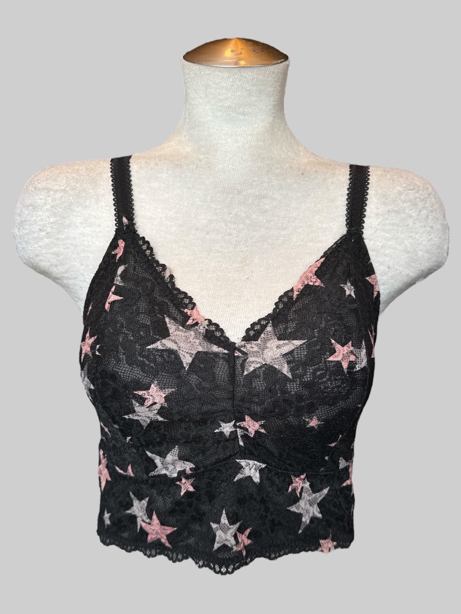 M NWT black lace bralette with pink and white stars