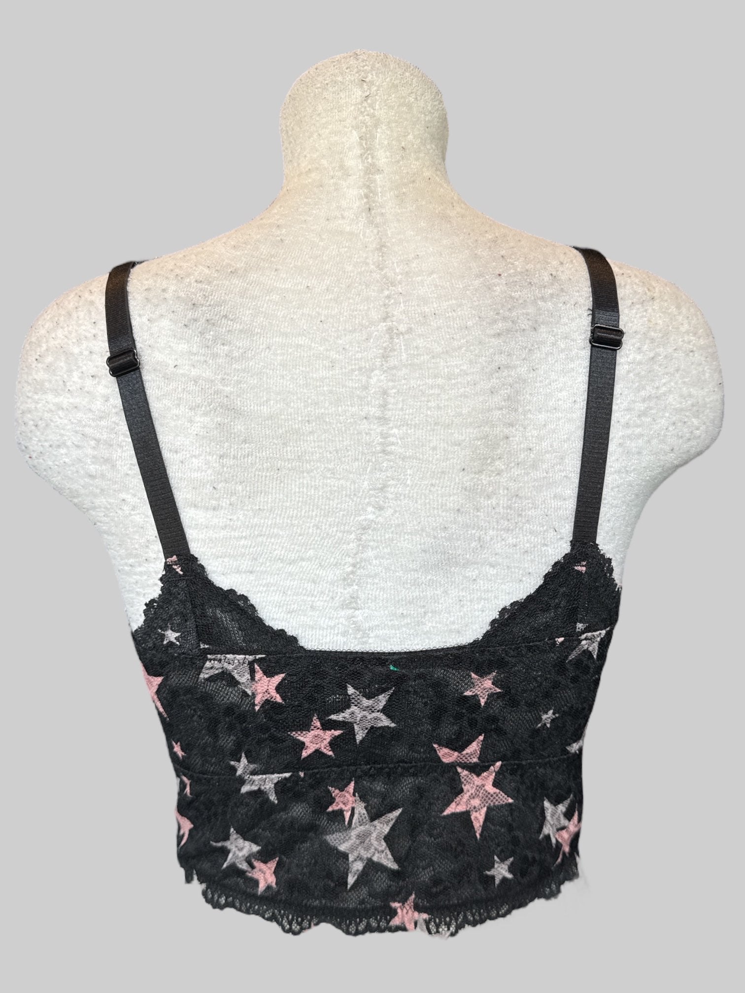 M NWT black lace bralette with pink and white stars