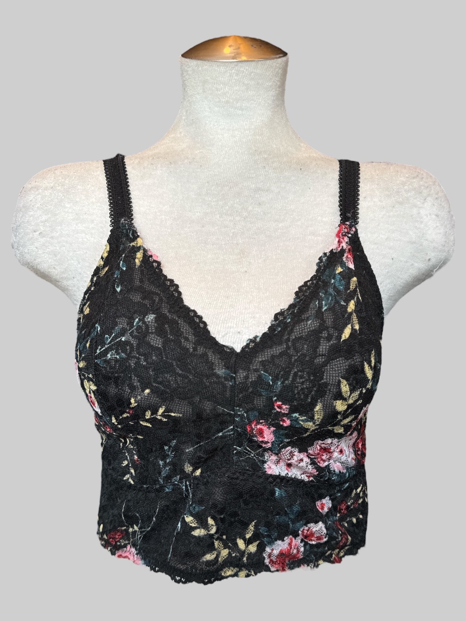 M black lace bralette with multicolor florals