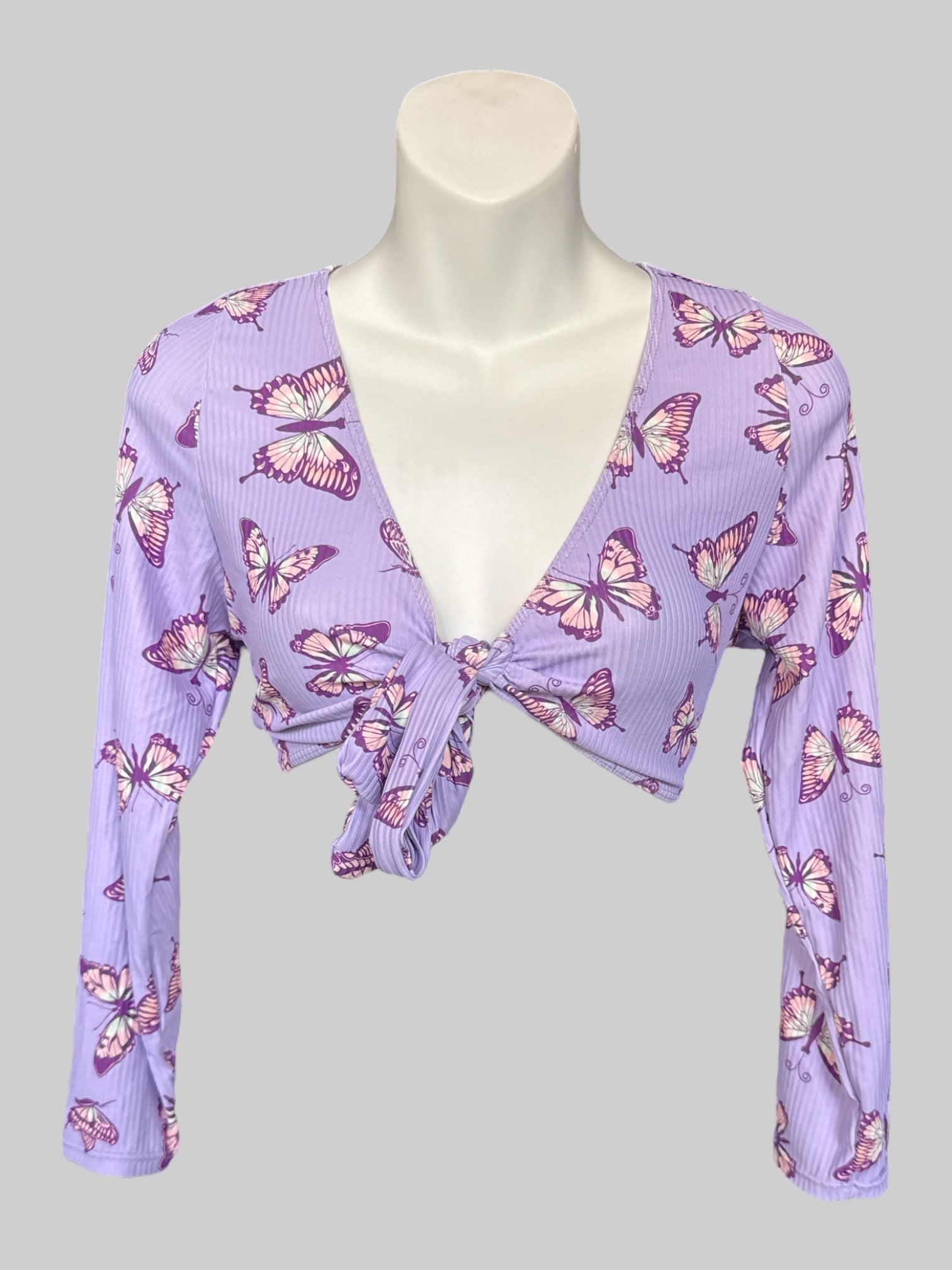 L purple cropped top with butterflies and tie in front