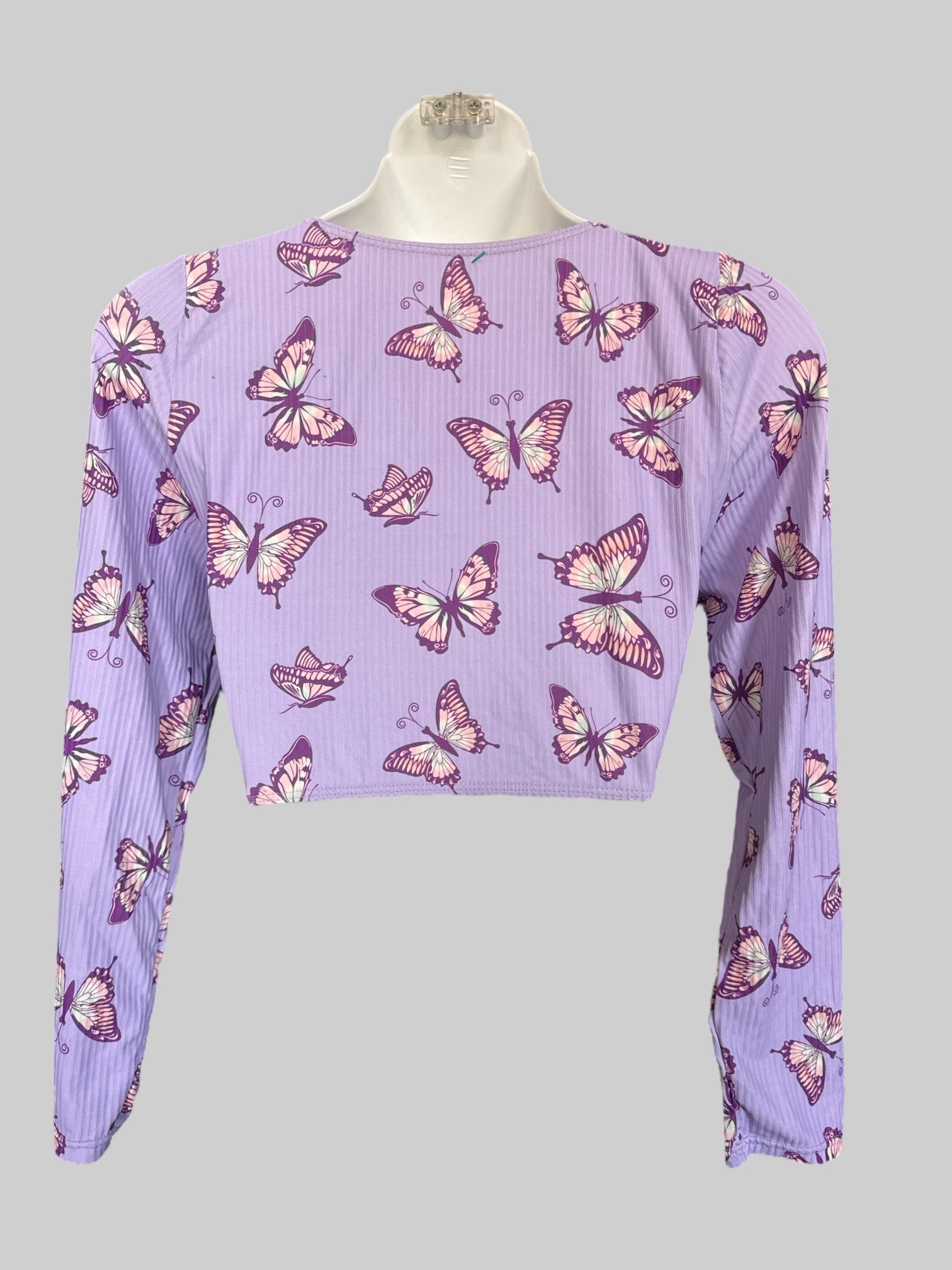 L purple cropped top with butterflies and tie in front
