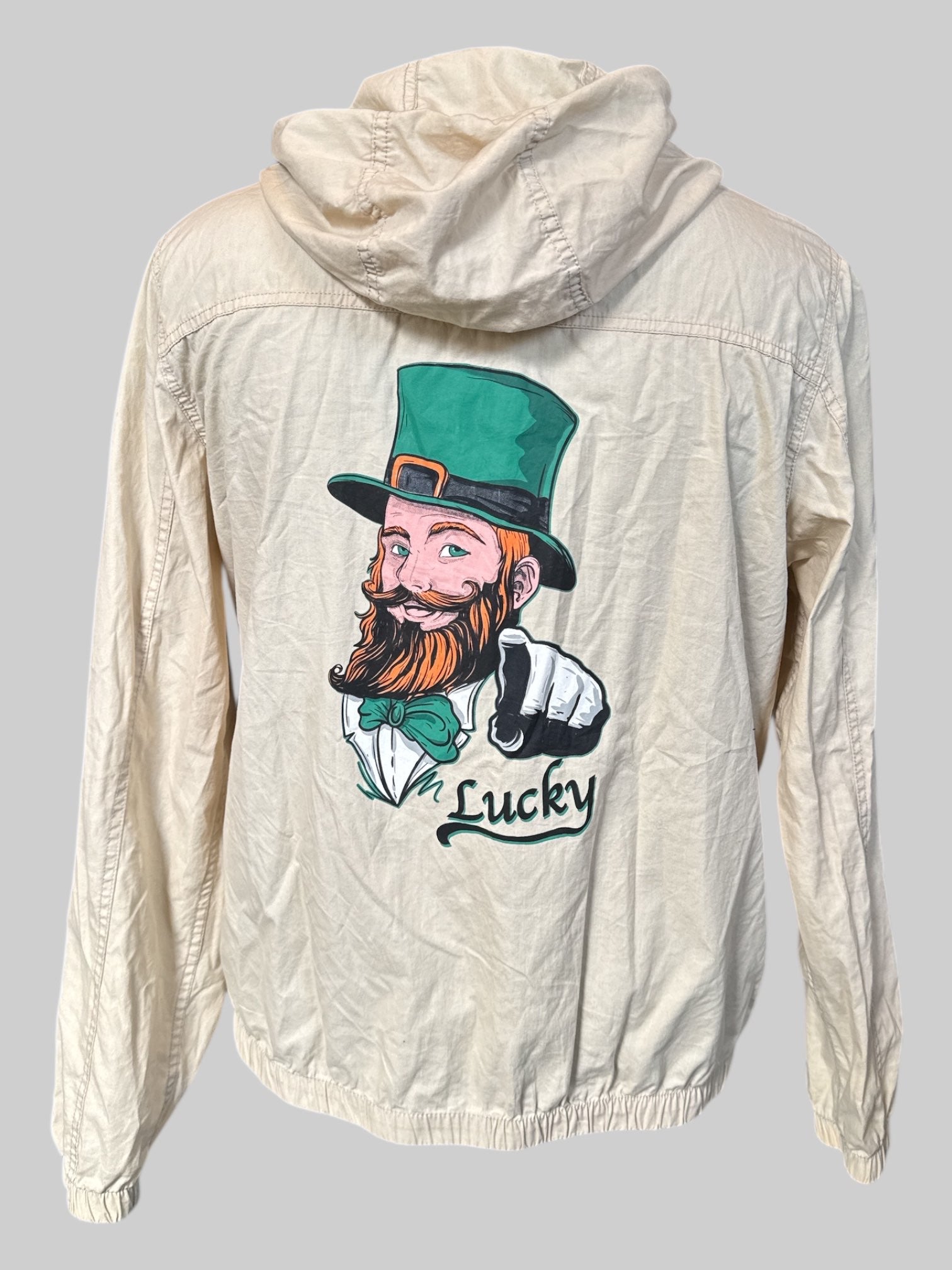 L tan zip up hooded jacket with lucky leprechaun
