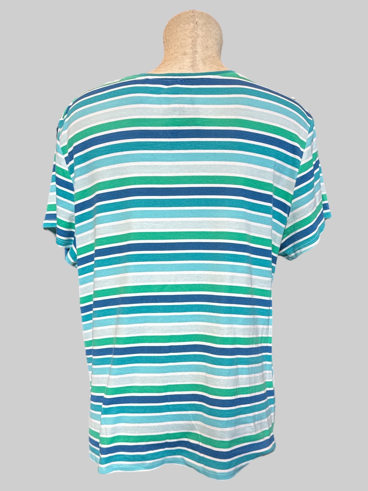 XL blue, green, and white striped t shirt