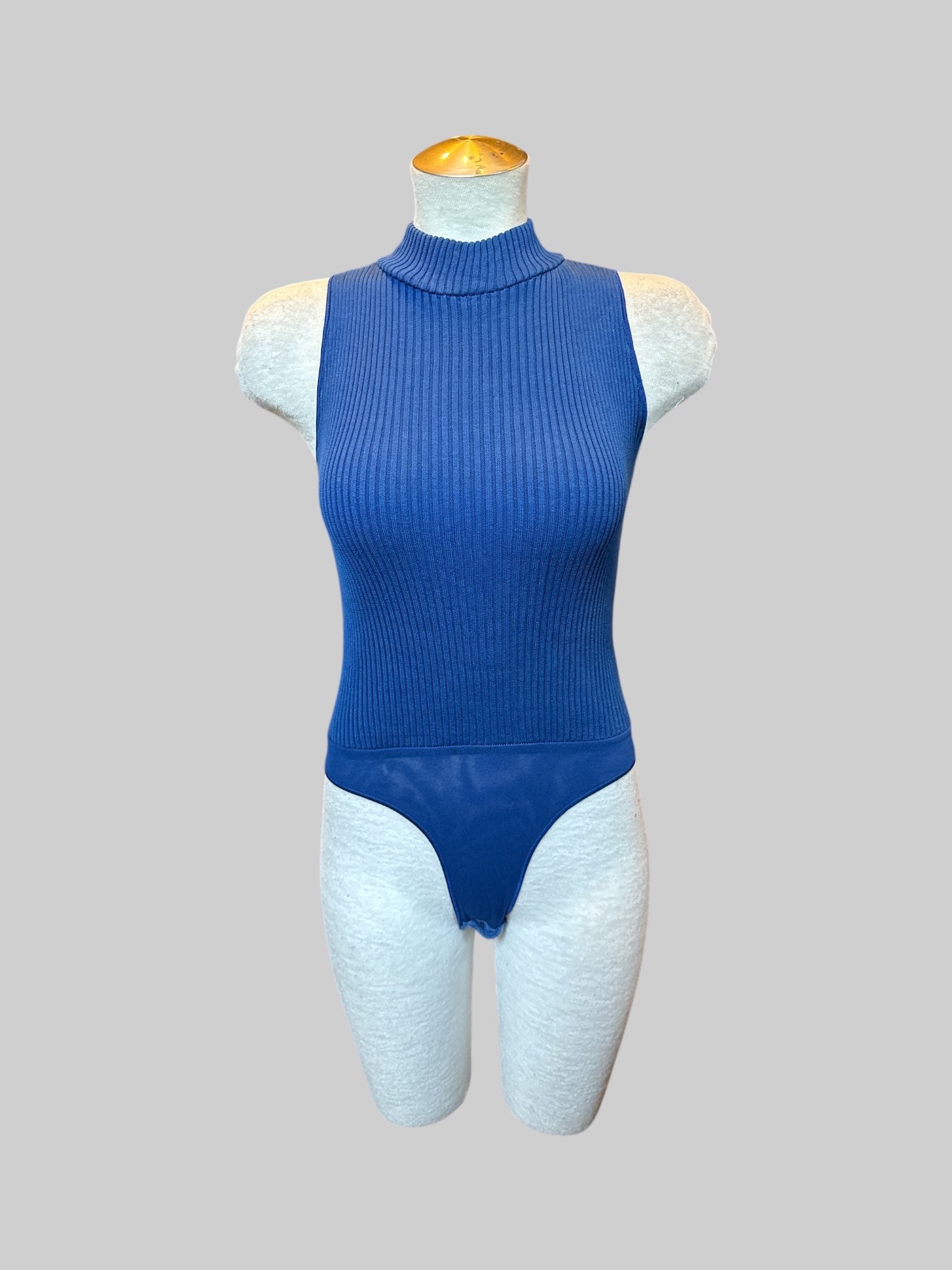 XL blue mock neck bodysuit with mesh underwear and snaps on neck