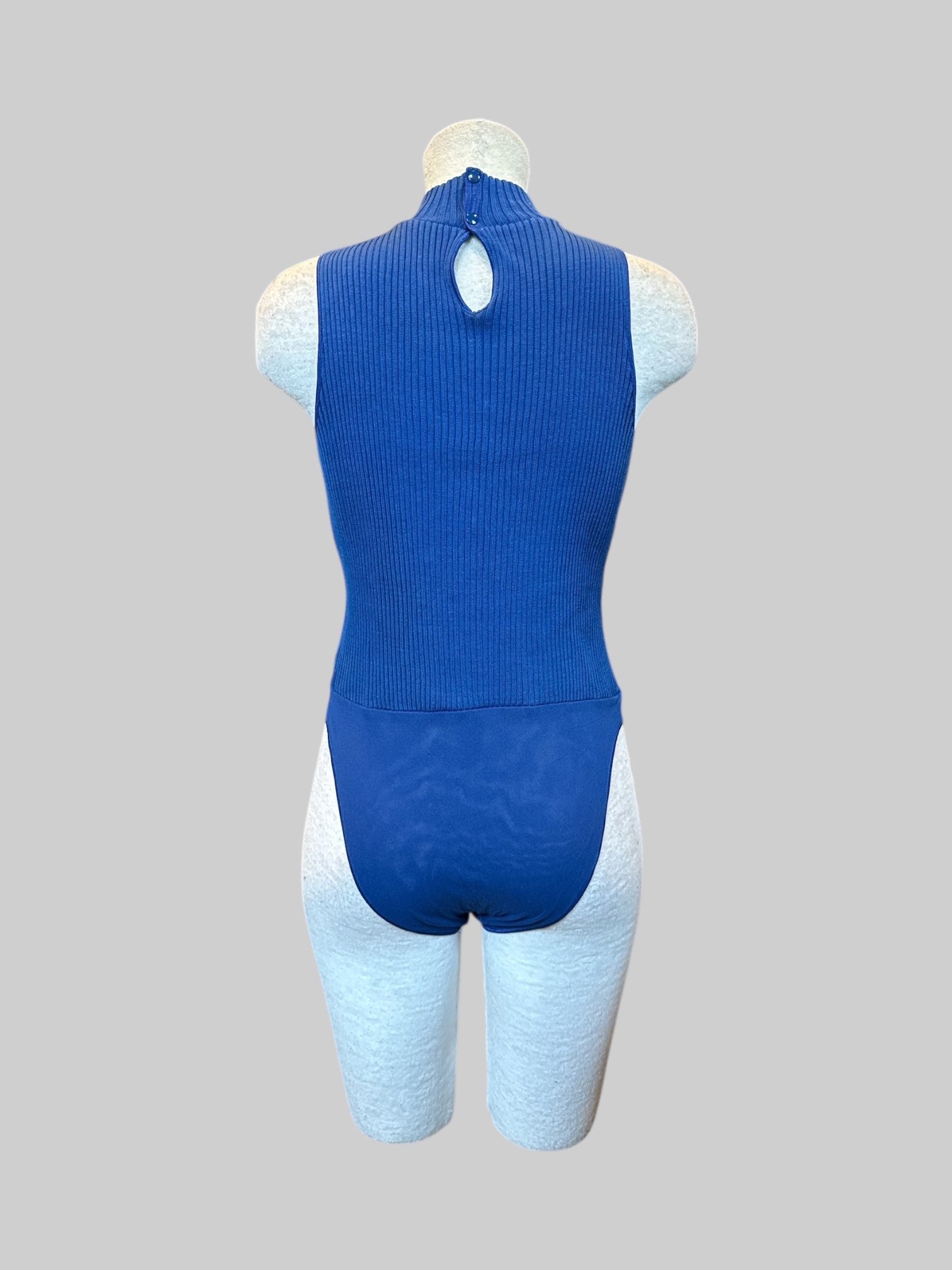 XL blue mock neck bodysuit with mesh underwear and snaps on neck