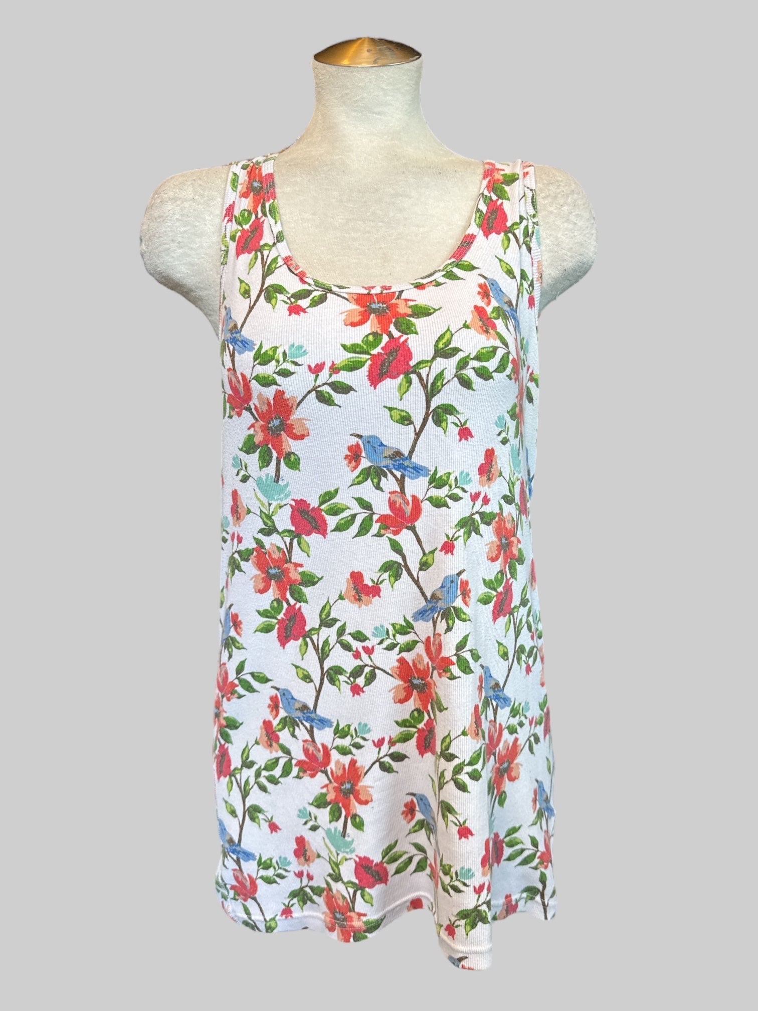 3X white tank top with red and green florals and blue birds