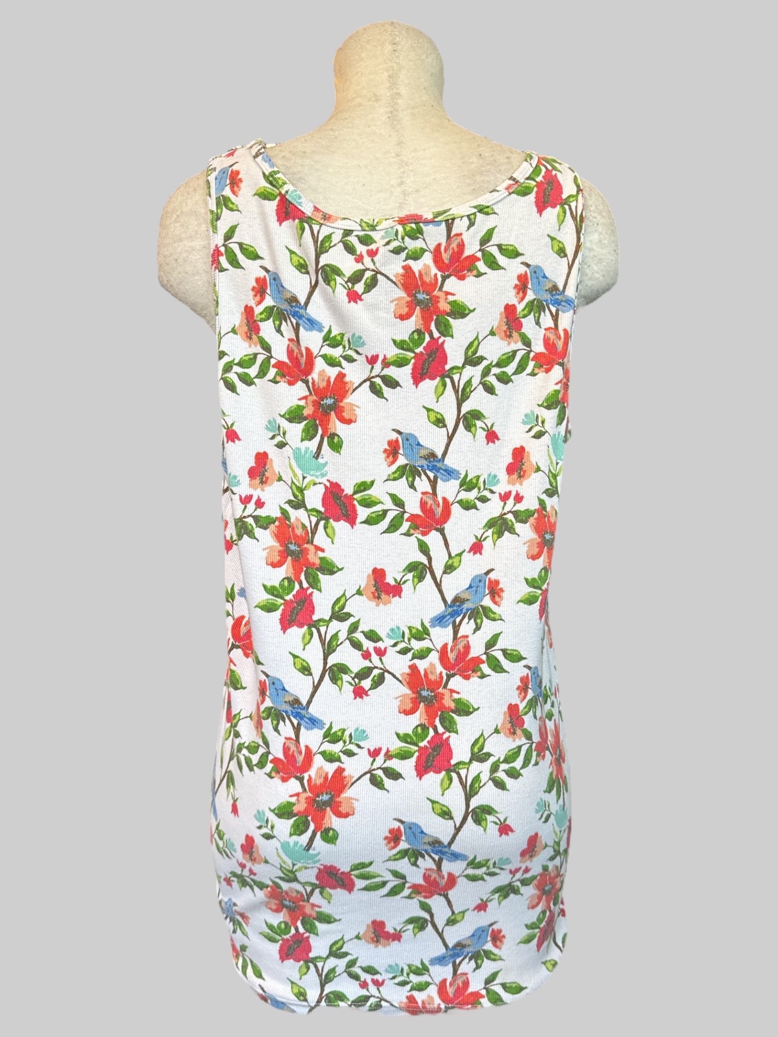 3X white tank top with red and green florals and blue birds