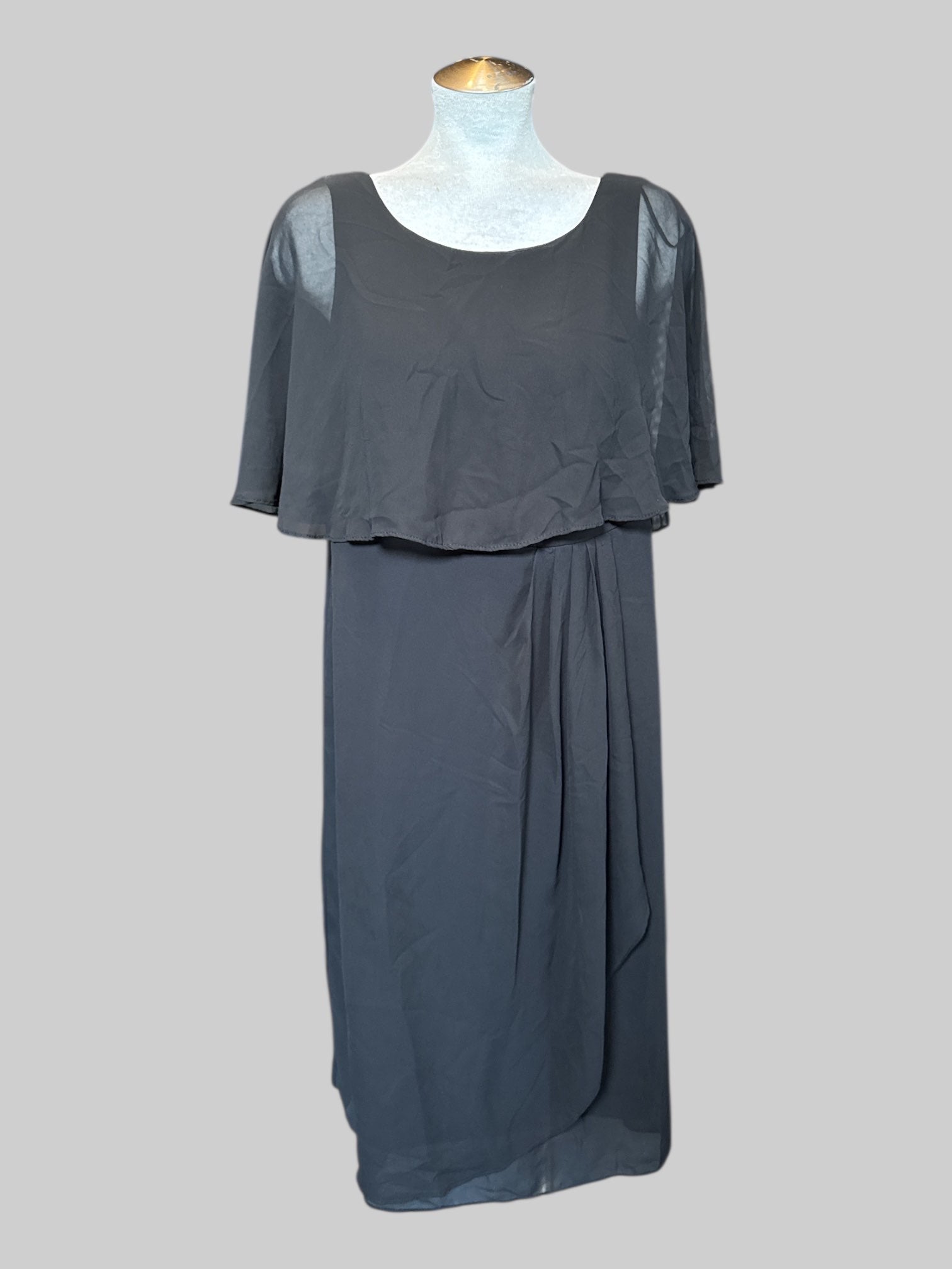 1X Black flowy dress with sheer overlay on top and some pleating