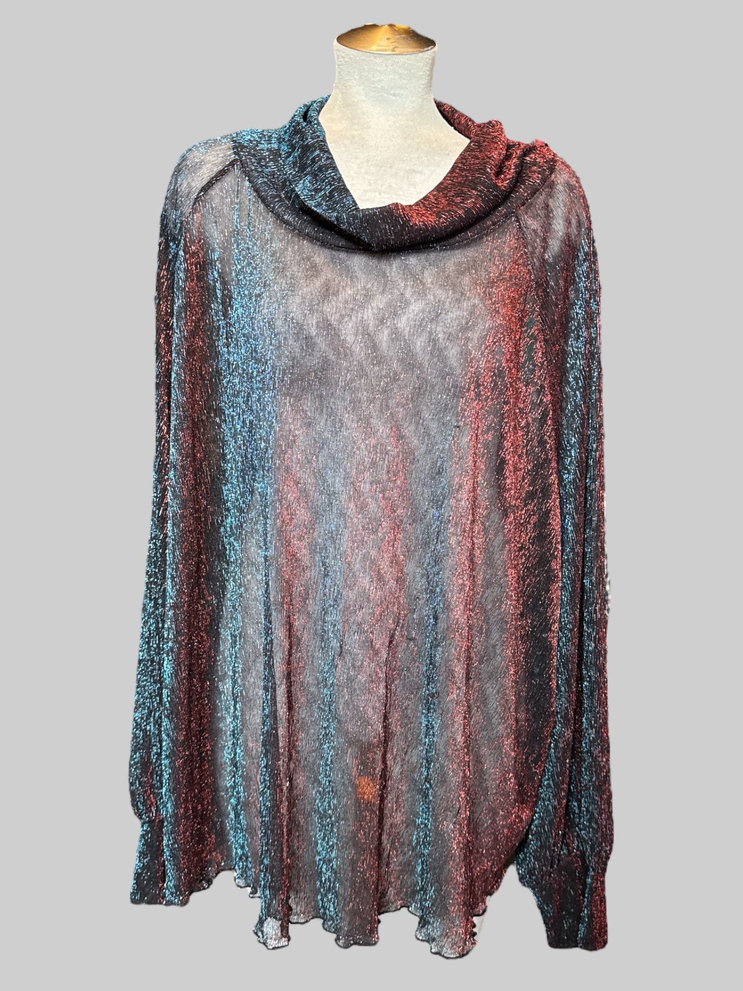 6X Flowy sheer blue red tinsel turtleneck with lettuce trim