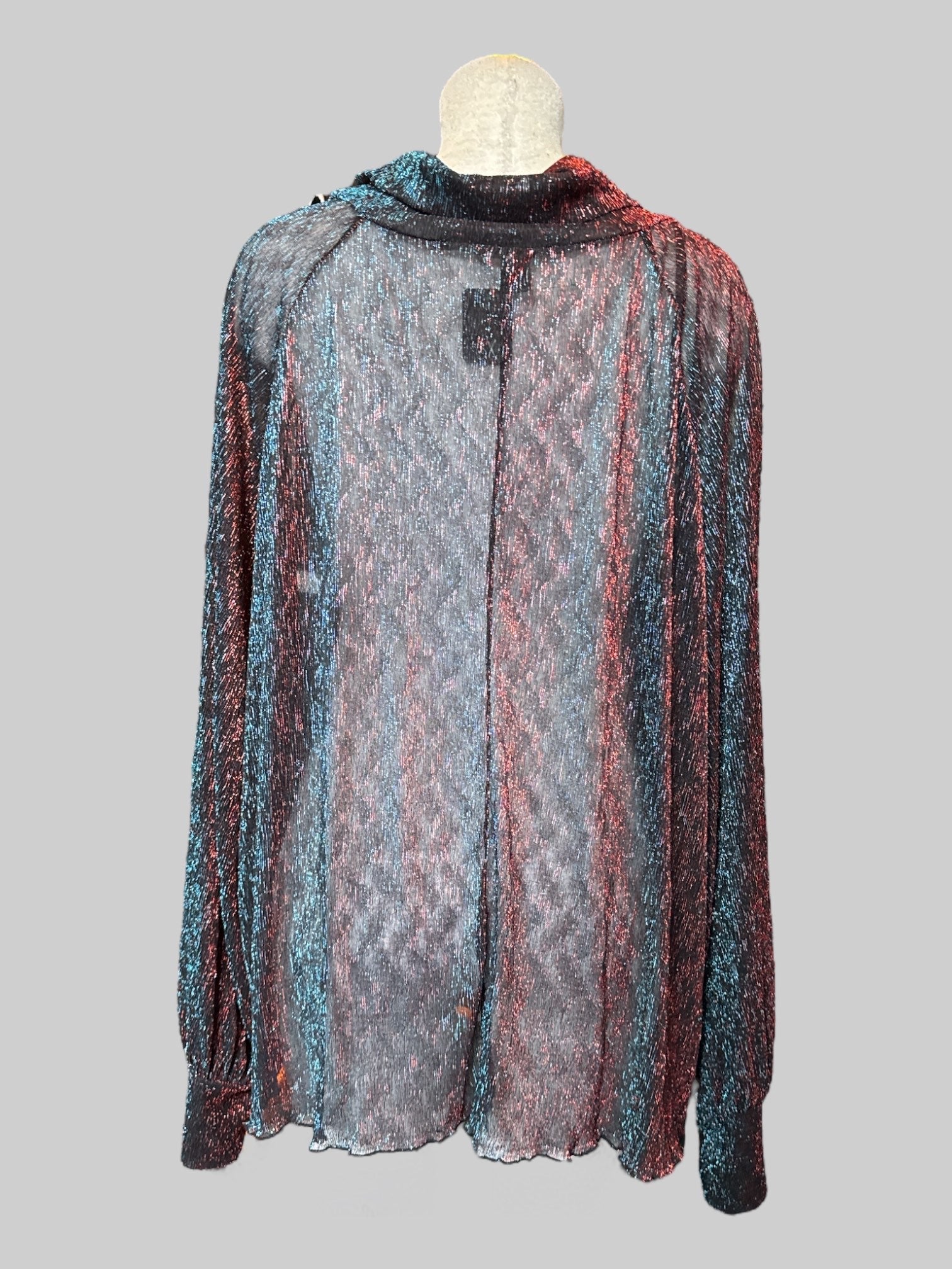 6X Flowy sheer blue red tinsel turtleneck with lettuce trim