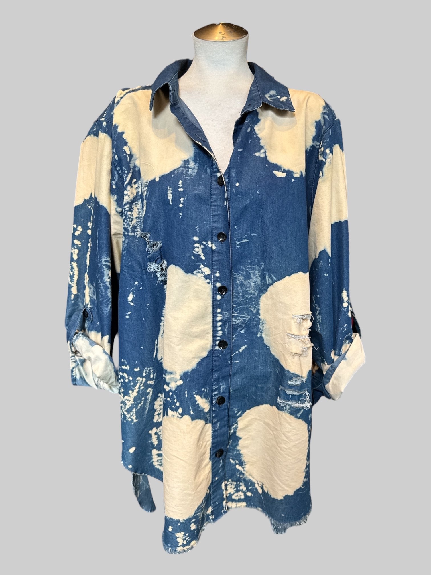 3X Blue and white acid tie dye button up tunic style top with distressed areas