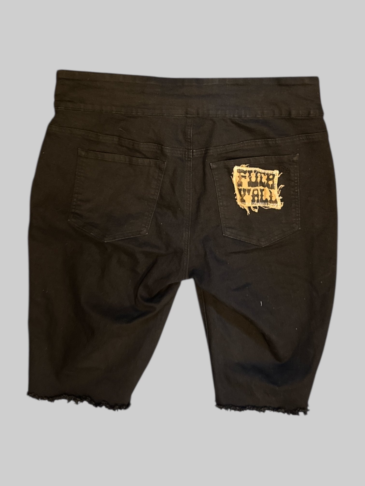 1X Black cut off Bermuda shorts with multiple patches
