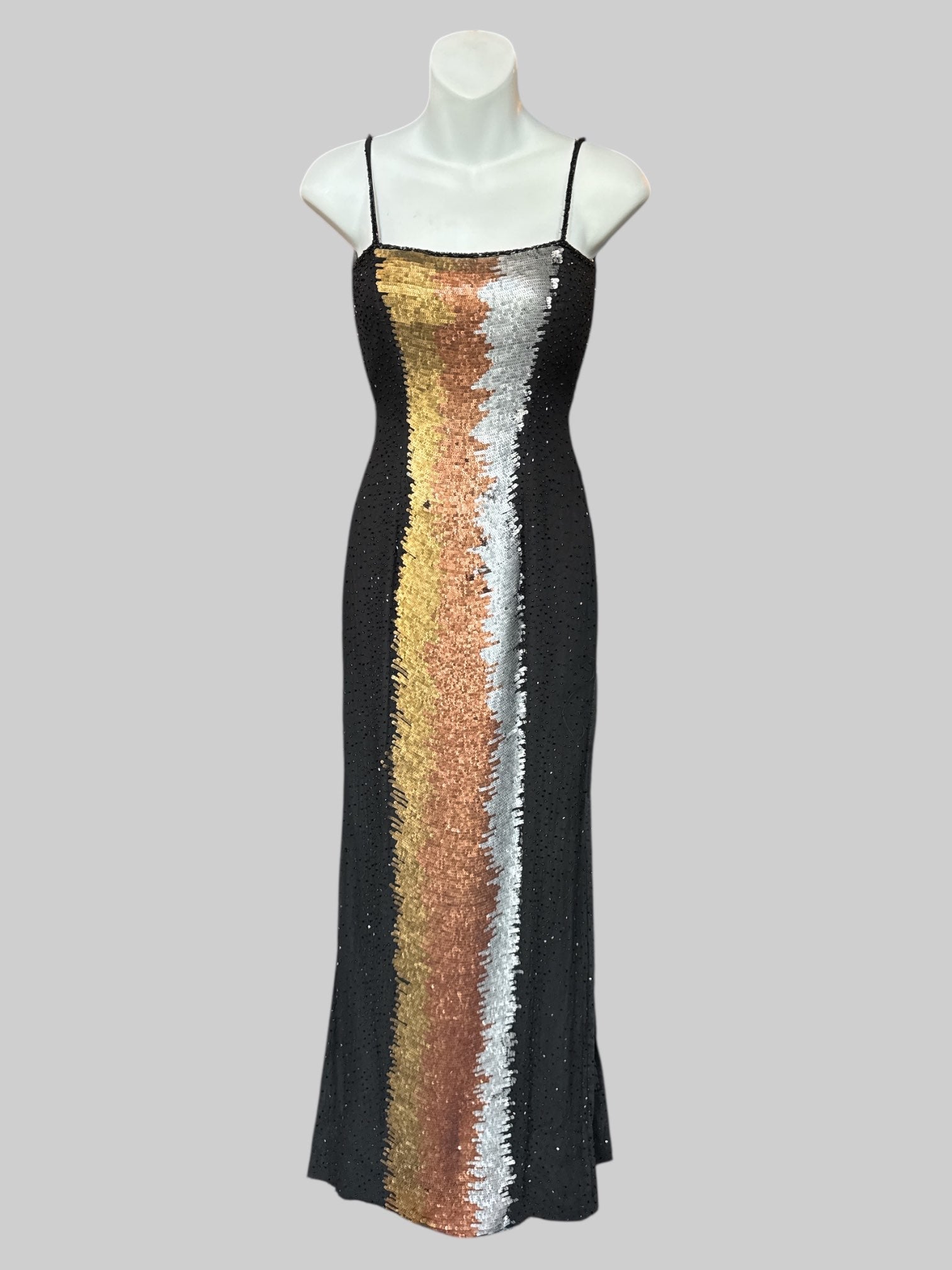 XS VTG black beaded maxi dress with gold and silver sequins